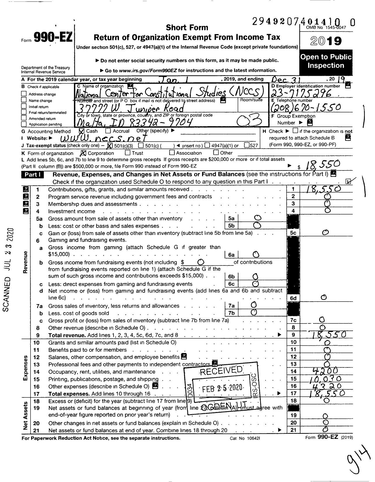 Image of first page of 2019 Form 990EZ for National Center for Constitutional Studies (NCCS)