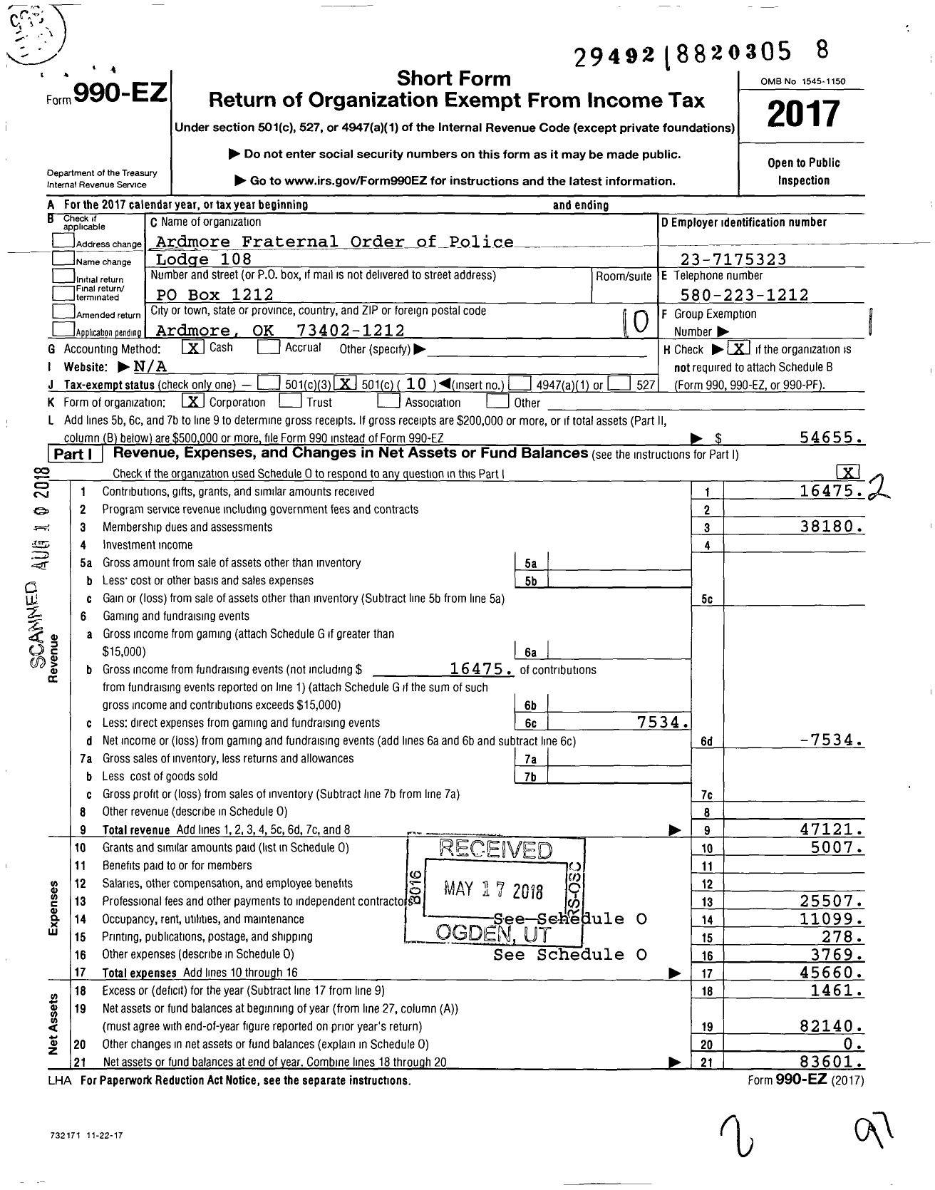 Image of first page of 2017 Form 990EO for Fraternal Order of Police - 108 Ardmore Lodge