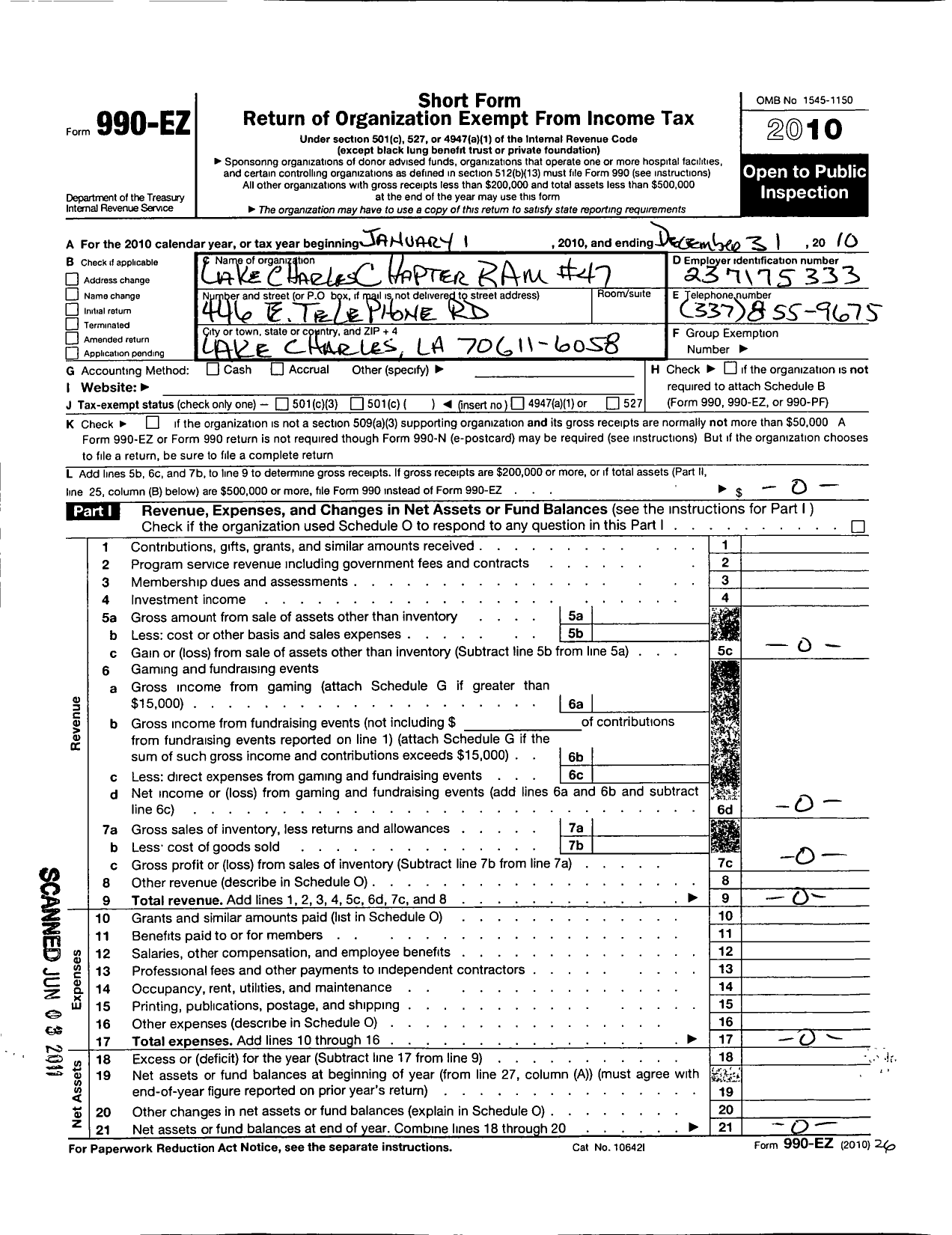 Image of first page of 2010 Form 990EO for Royal Arch Masons of Louisana - 47 Lake Charles Chapter