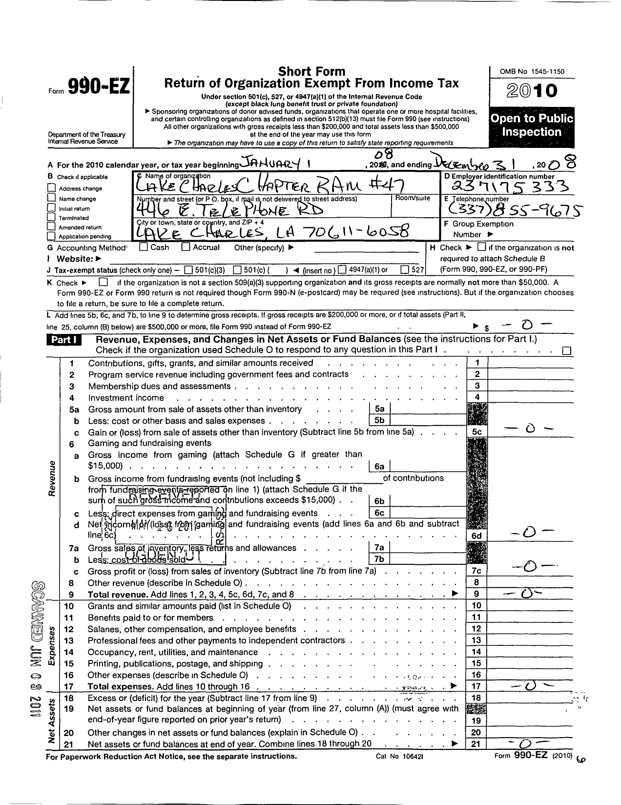 Image of first page of 2008 Form 990EO for Royal Arch Masons of Louisana - 47 Lake Charles Chapter