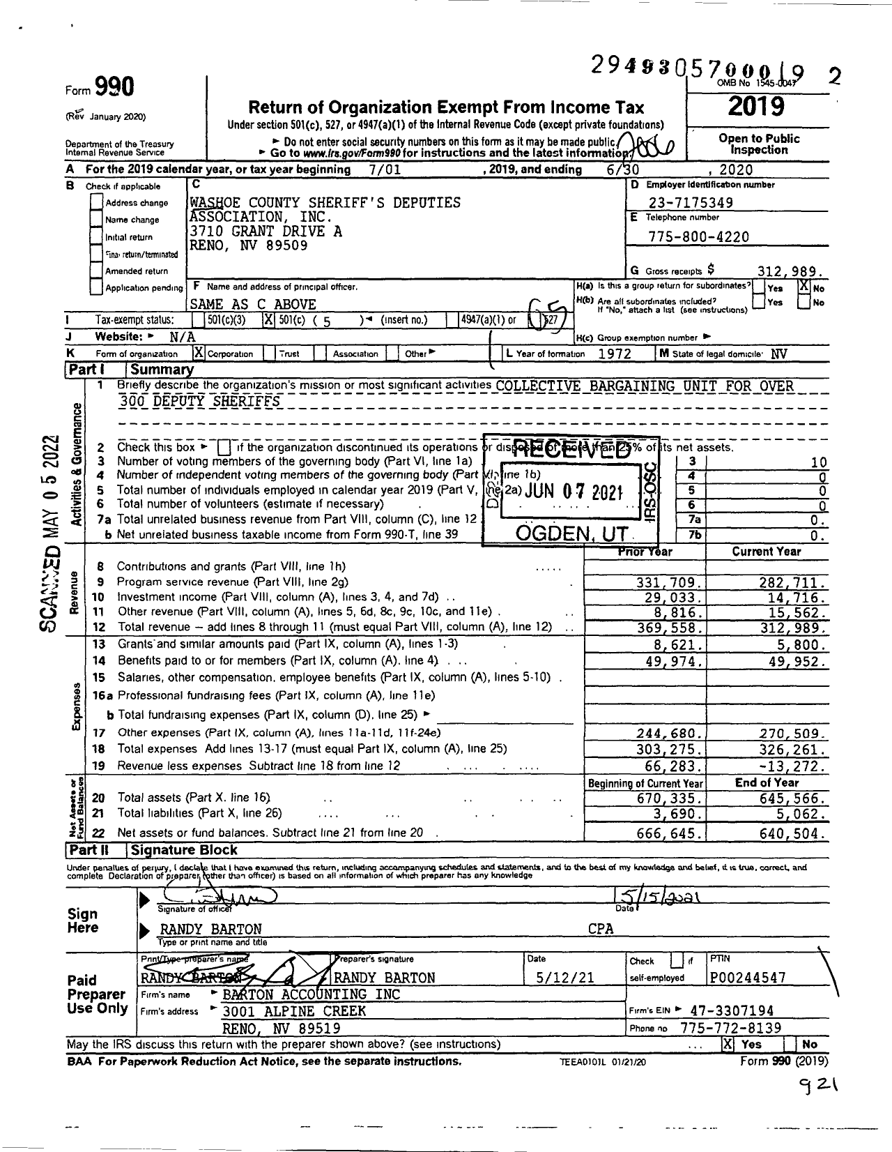 Image of first page of 2019 Form 990O for Washoe County Sheriffs Deputies Association