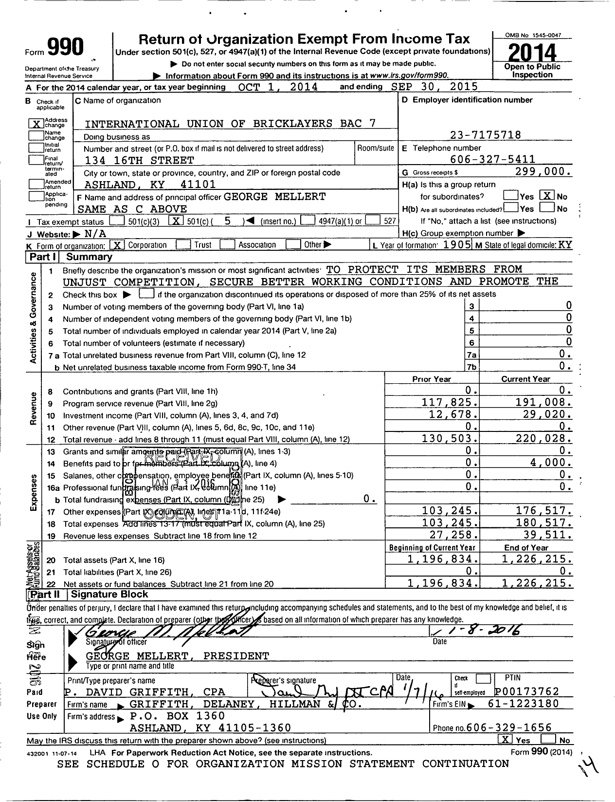 Image of first page of 2014 Form 990O for International Union of Bricklayers and Allied Craftworkers - Bac 7 Local Kentucky