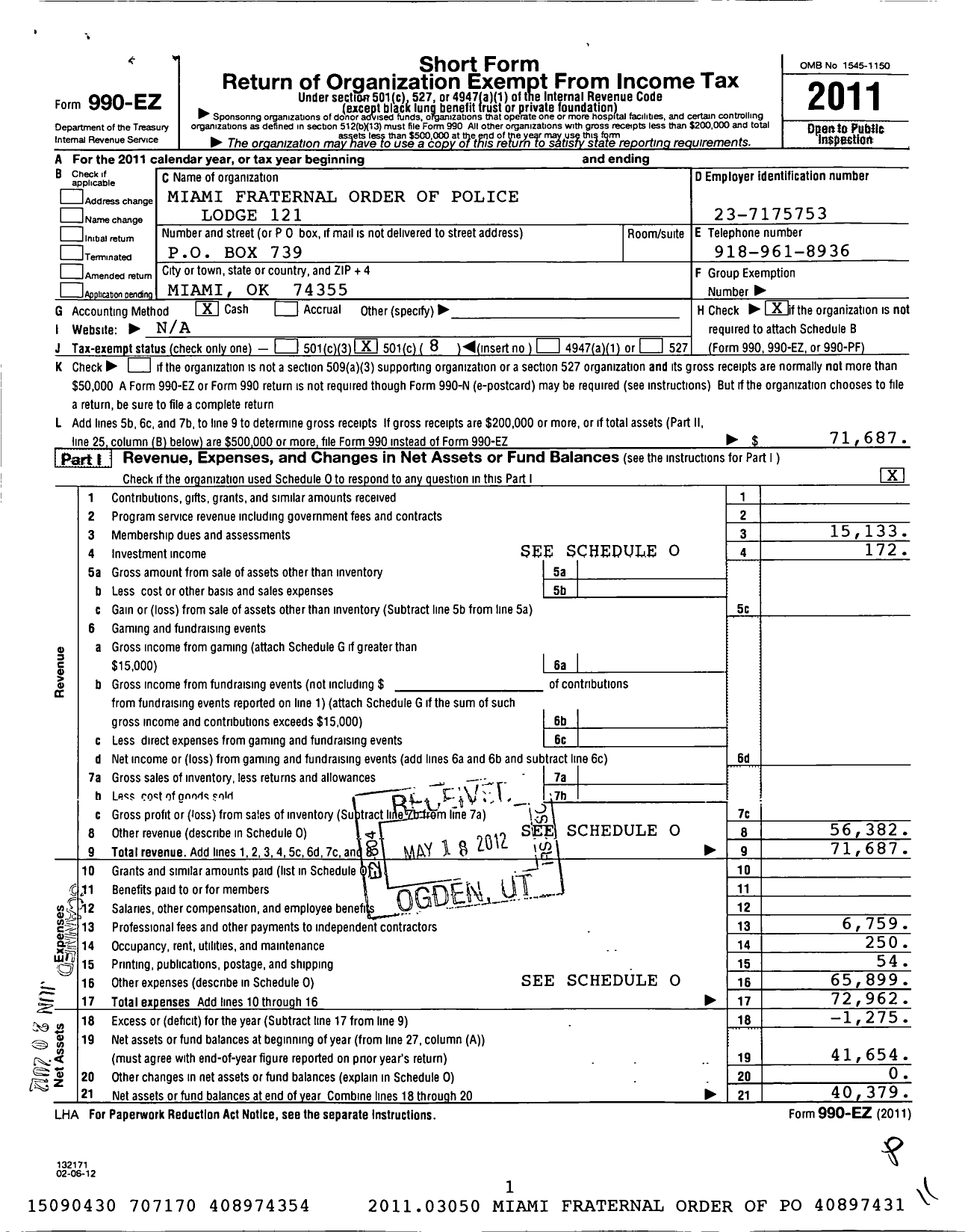 Image of first page of 2011 Form 990EO for Fraternal Order of Police - 121 Miami Lodge