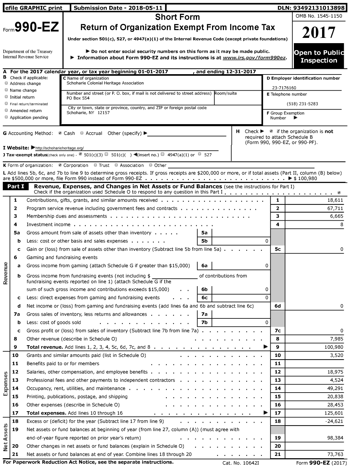 Image of first page of 2017 Form 990EZ for Schoharie Colonial Heritage Association