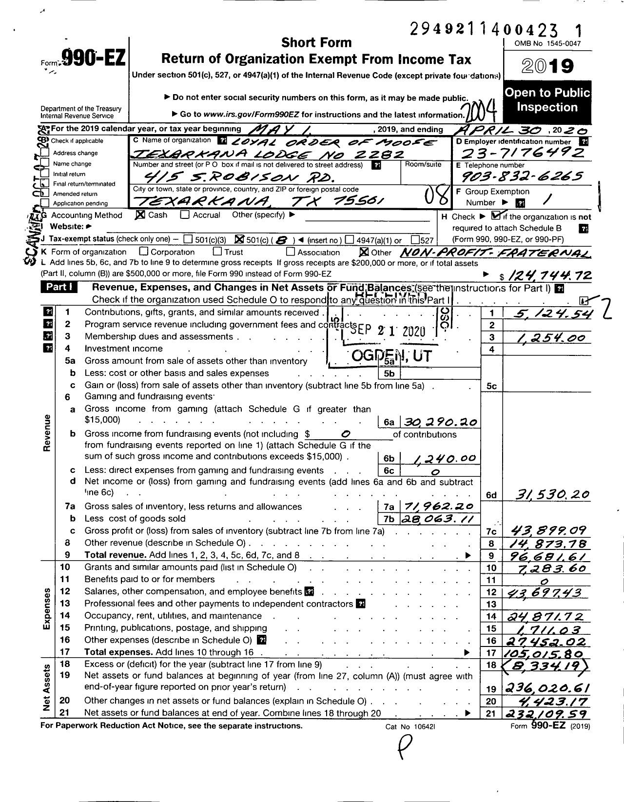 Image of first page of 2019 Form 990EO for Loyal Order of Moose - 2282