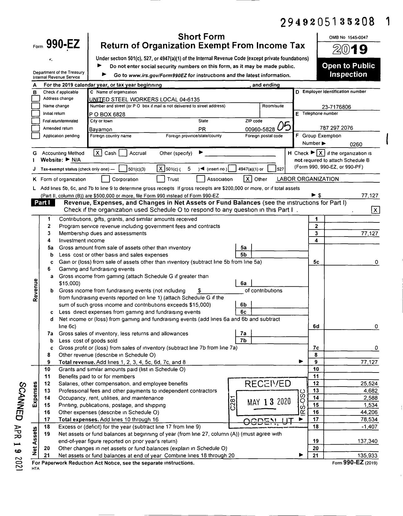 Image of first page of 2019 Form 990EO for United Steelworkers - 06135 Local