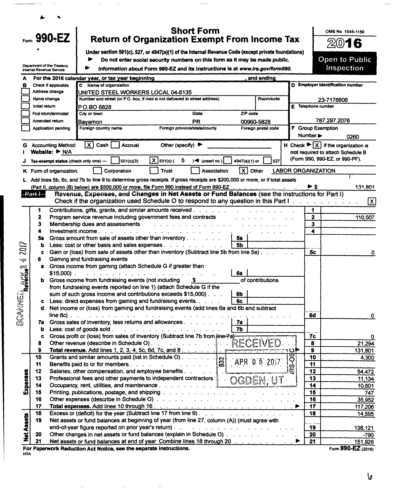 Image of first page of 2016 Form 990EO for United Steelworkers - 06135 Local