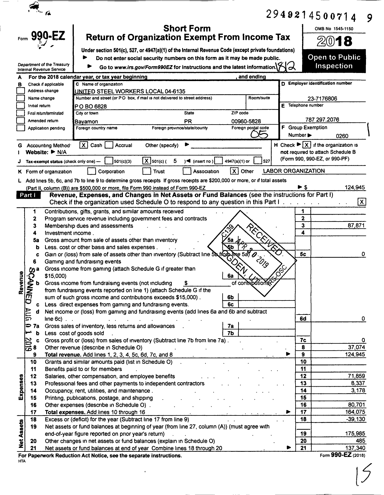 Image of first page of 2018 Form 990EO for United Steelworkers - 06135 Local