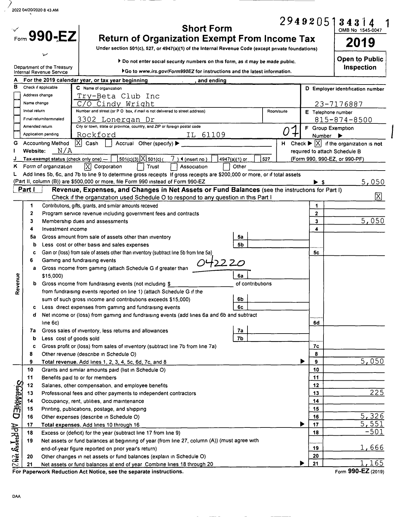 Image of first page of 2019 Form 990EO for Try-Beta Club