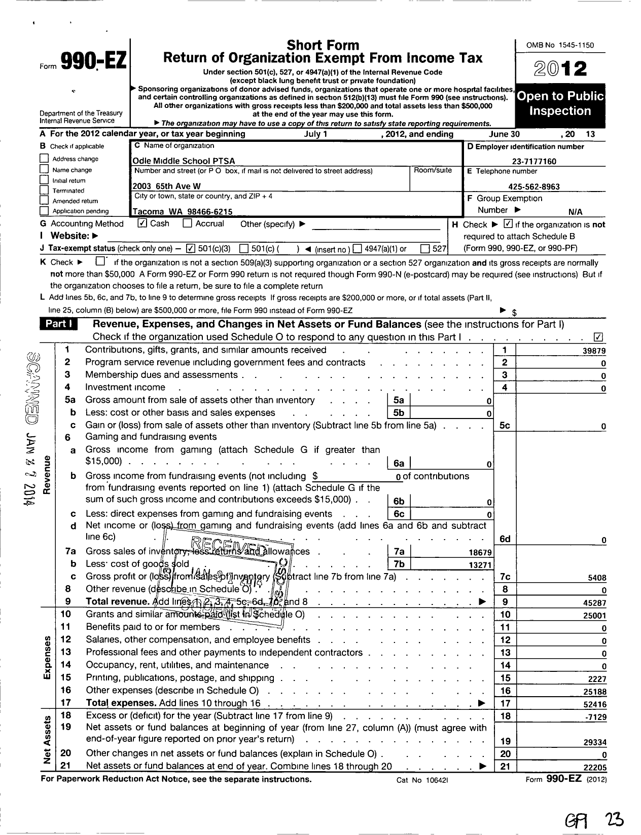 Image of first page of 2012 Form 990EZ for Odle Middle School Ptsa