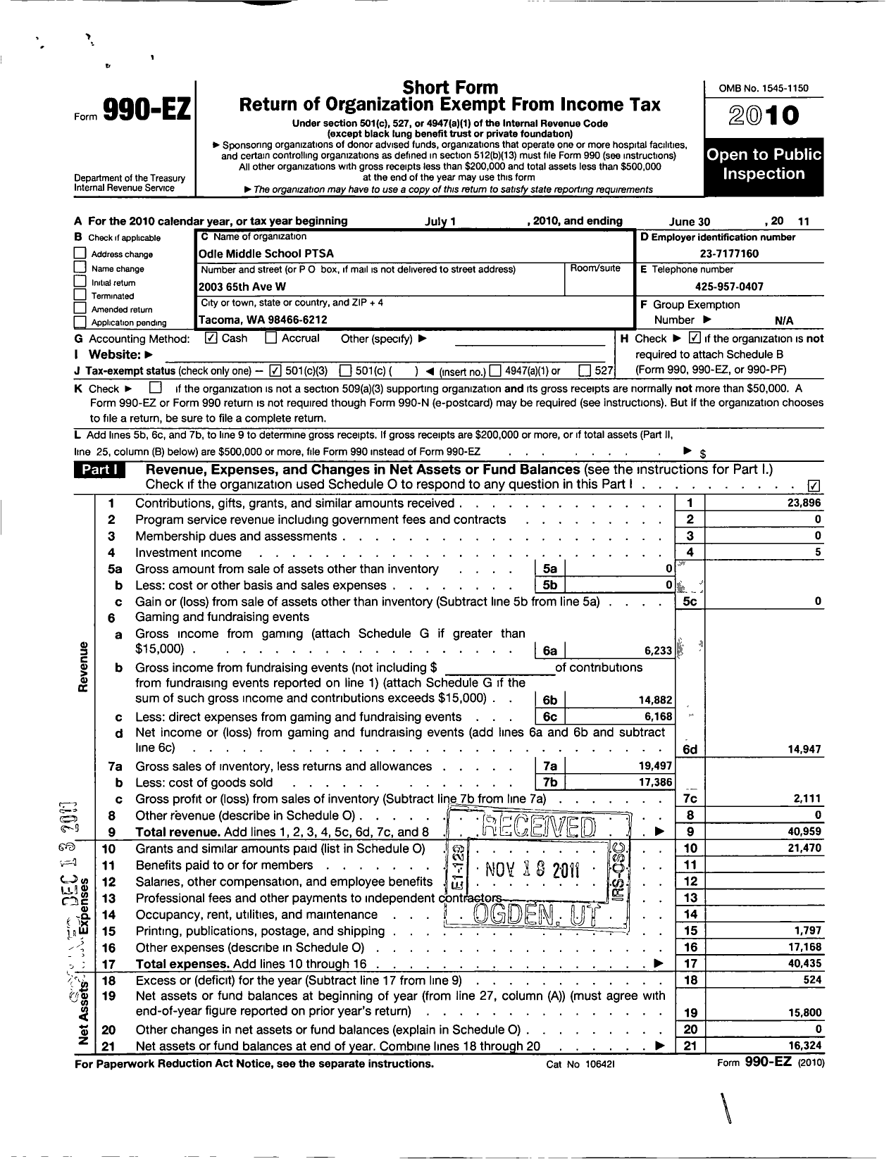 Image of first page of 2010 Form 990EZ for Odle Middle School Ptsa