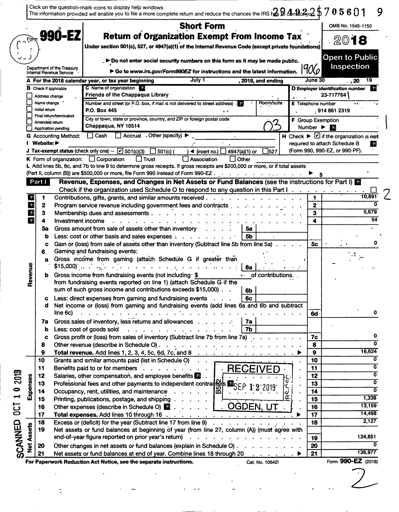 Image of first page of 2018 Form 990EZ for Friends of the Chappaqua Public Library