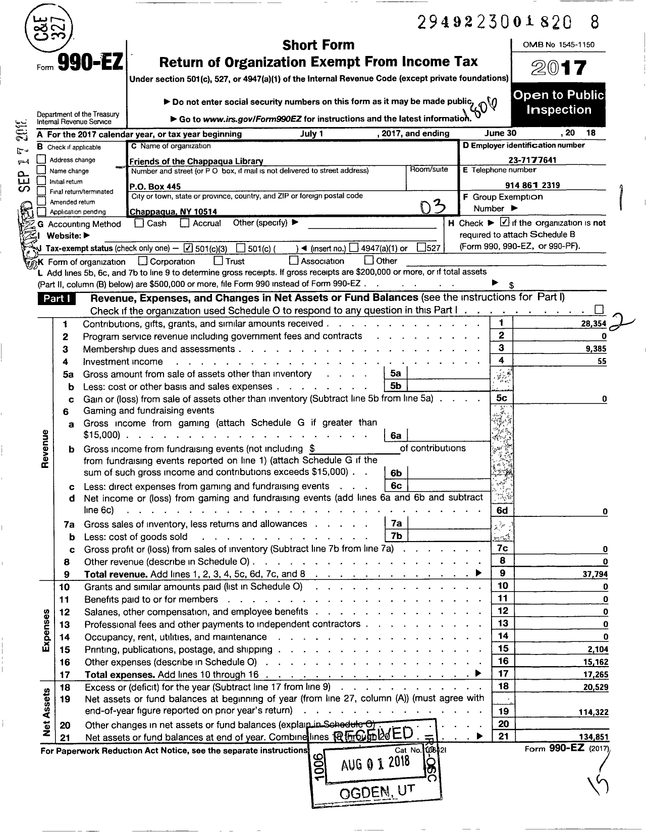 Image of first page of 2017 Form 990EZ for Friends of the Chappaqua Public Library