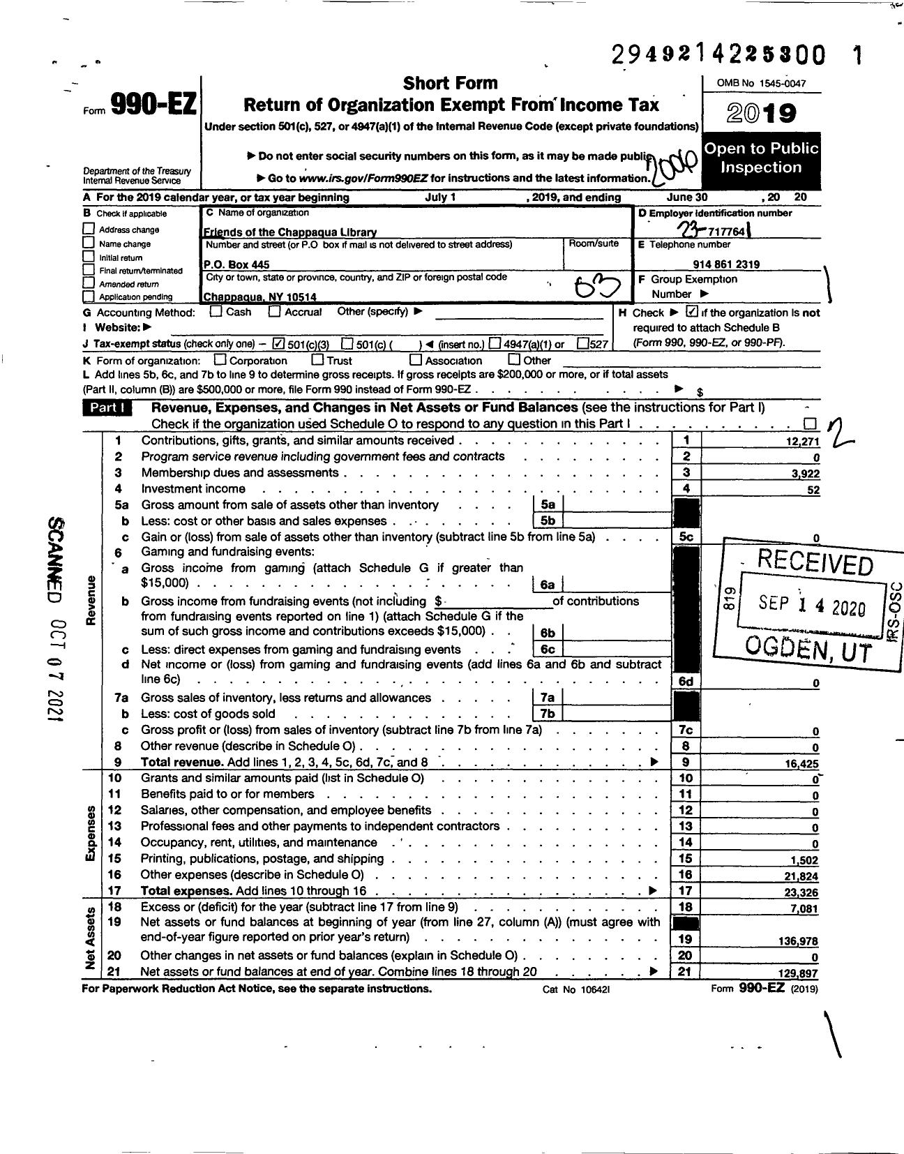 Image of first page of 2019 Form 990EZ for Friends of the Chappaqua Public Library