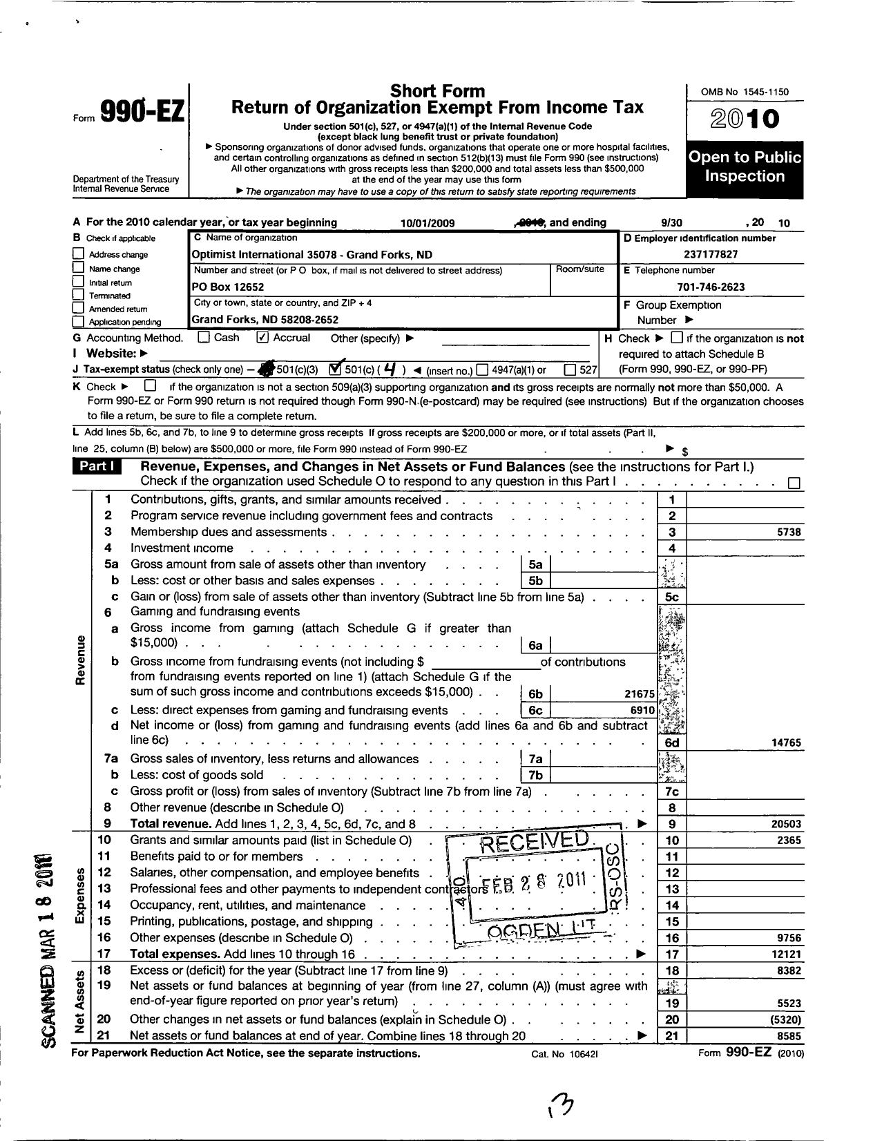 Image of first page of 2009 Form 990EO for Optimist International - 35078 Oc of Grand Forks ND