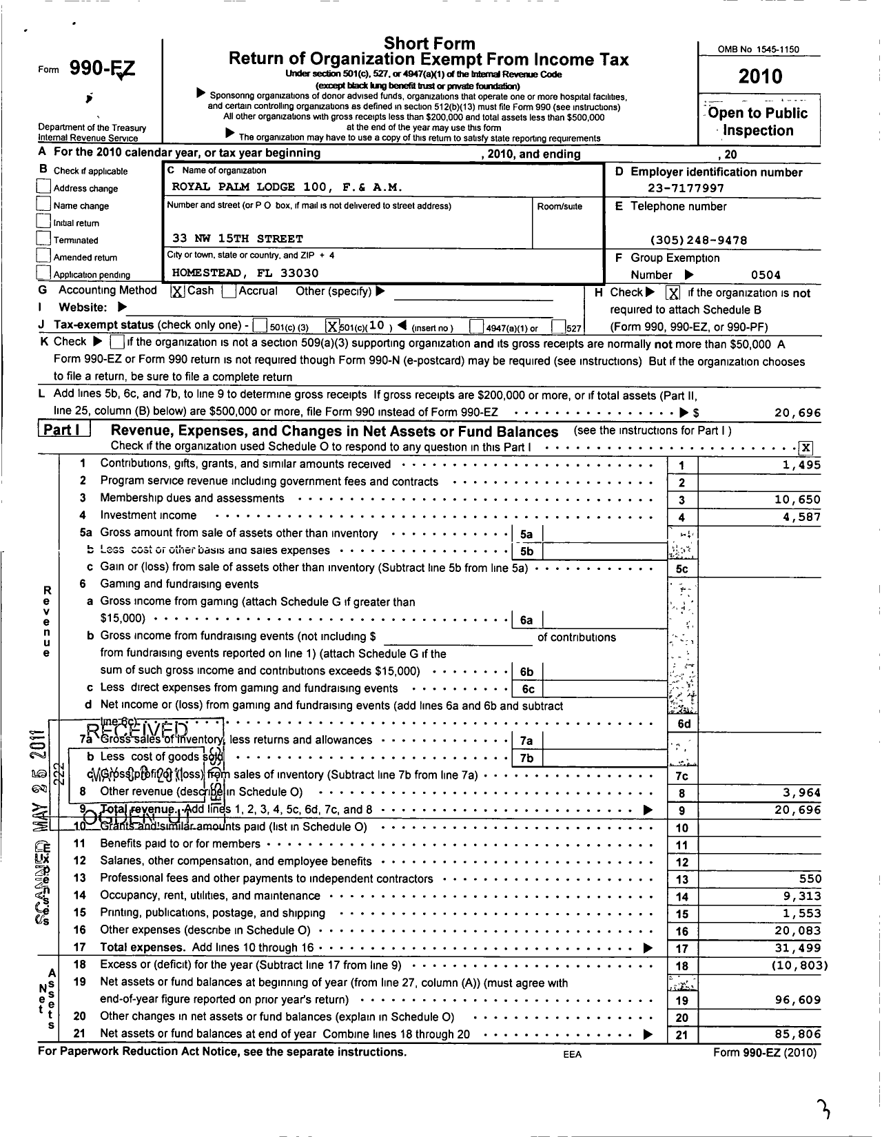 Image of first page of 2010 Form 990EO for Free and Accepted Masons of Florida - 100 Royal Palm Lodge