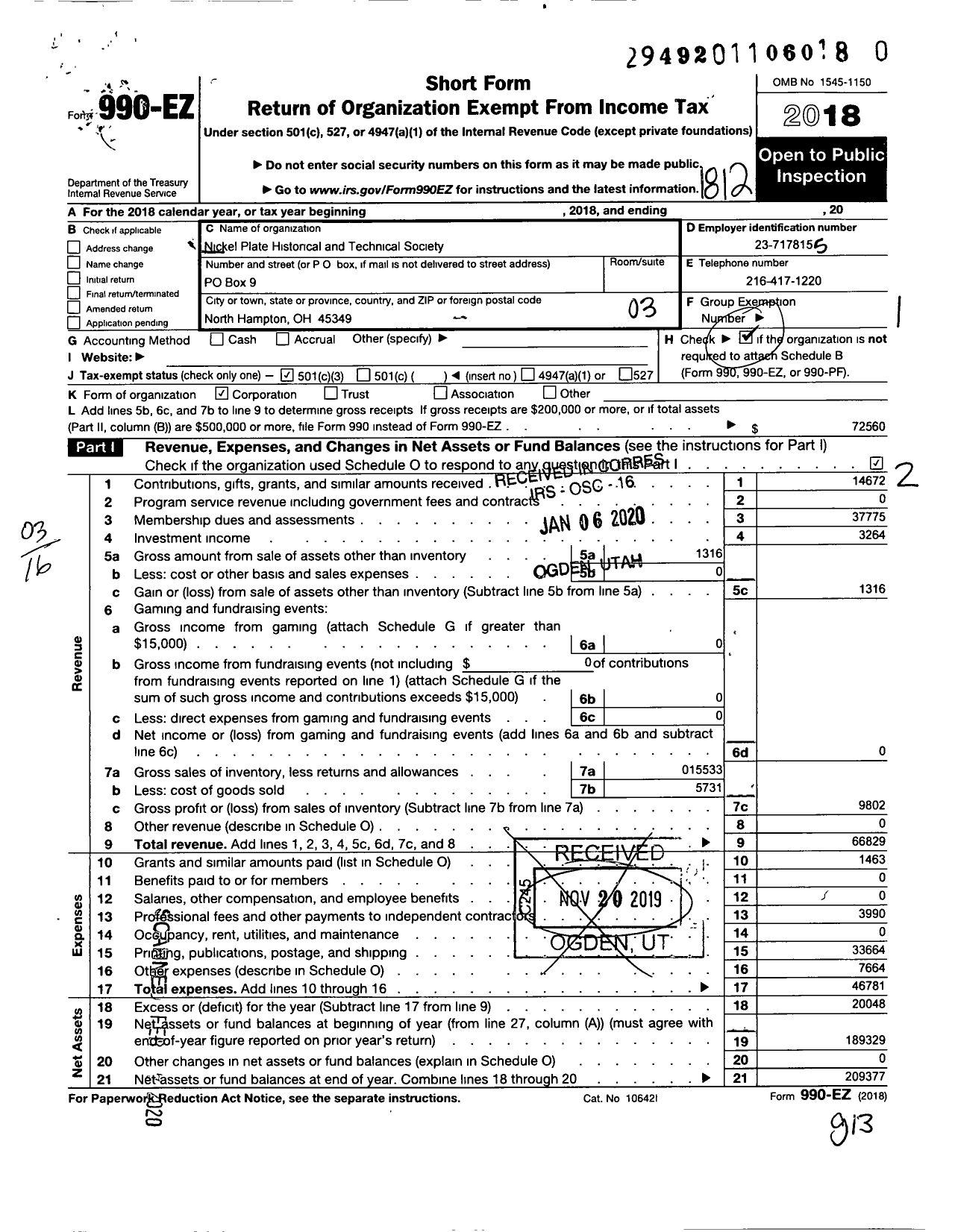 Image of first page of 2018 Form 990EZ for NICKEL PLATe Road HISTORICAL