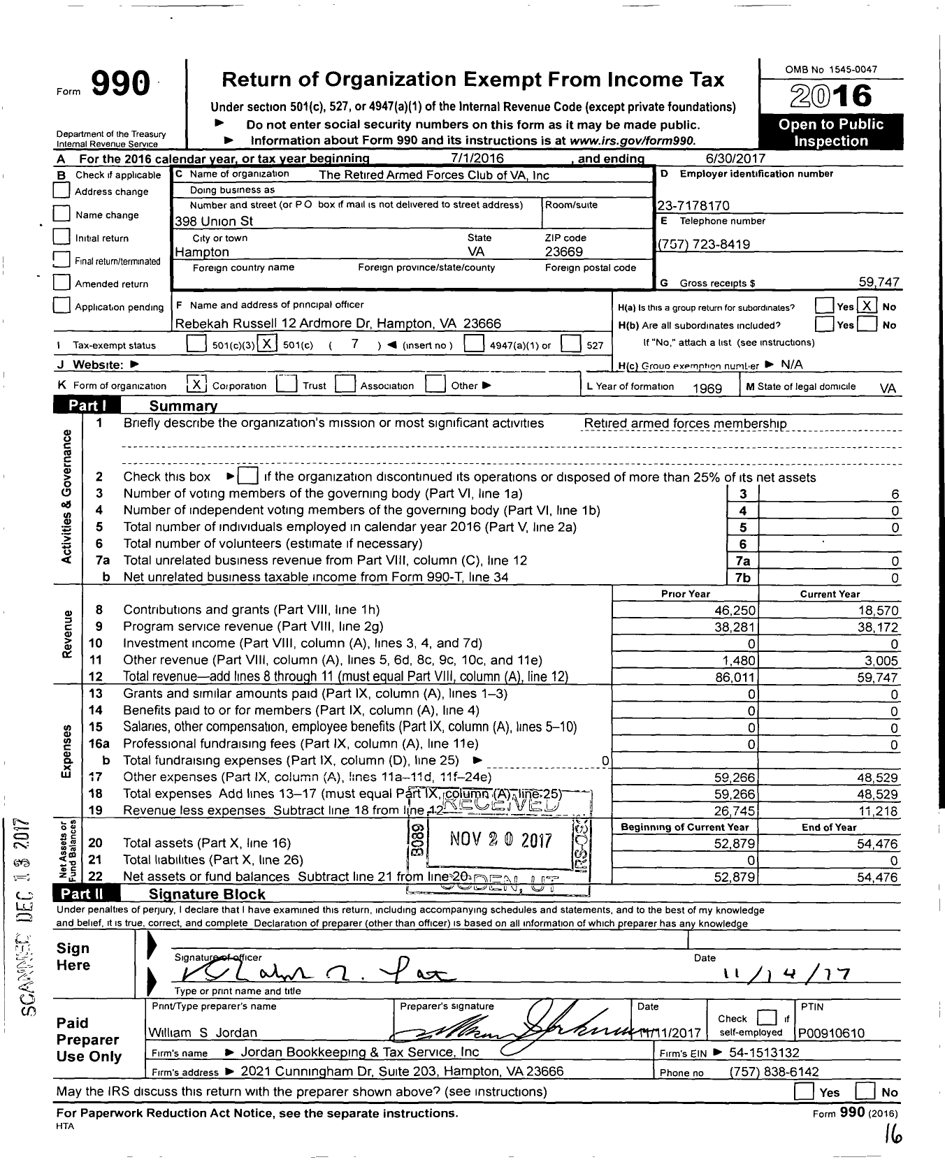 Image of first page of 2016 Form 990O for The Retired Armed Forces Club of VA