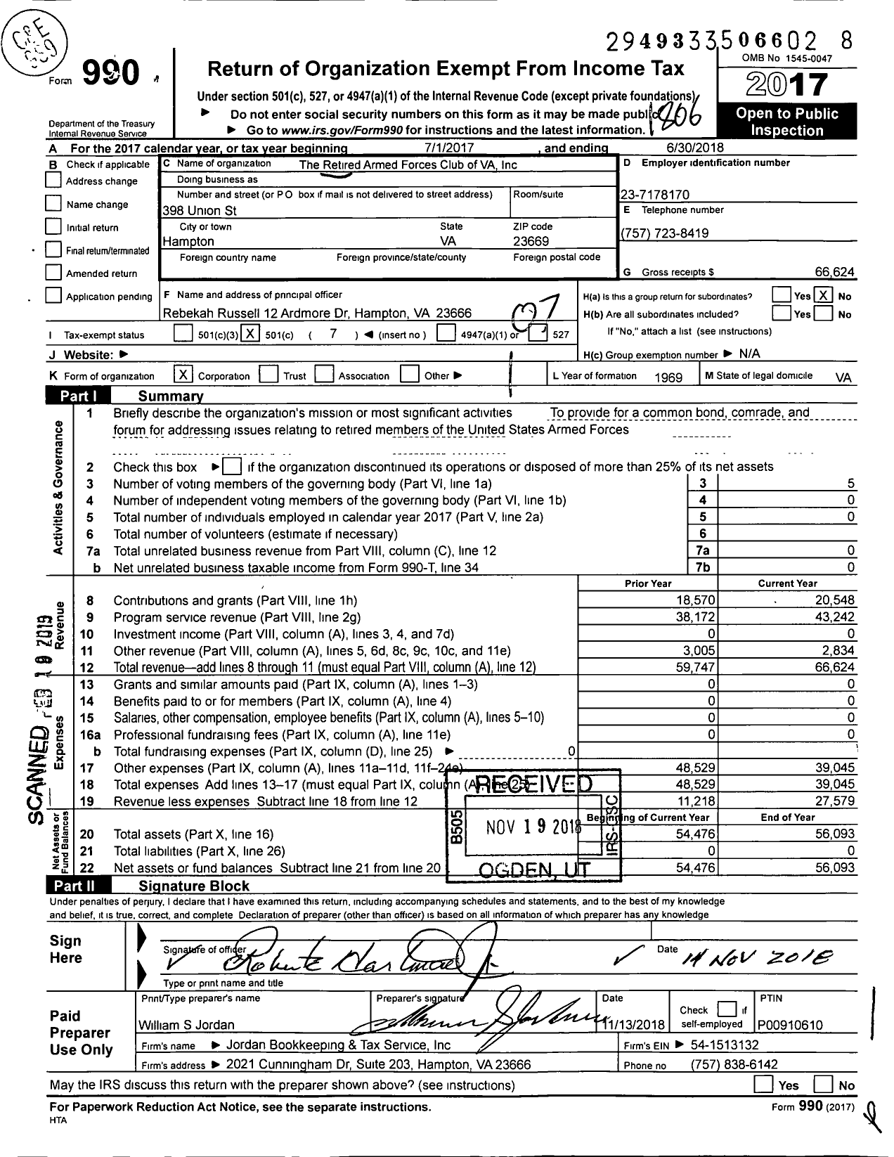 Image of first page of 2017 Form 990O for The Retired Armed Forces Club of VA