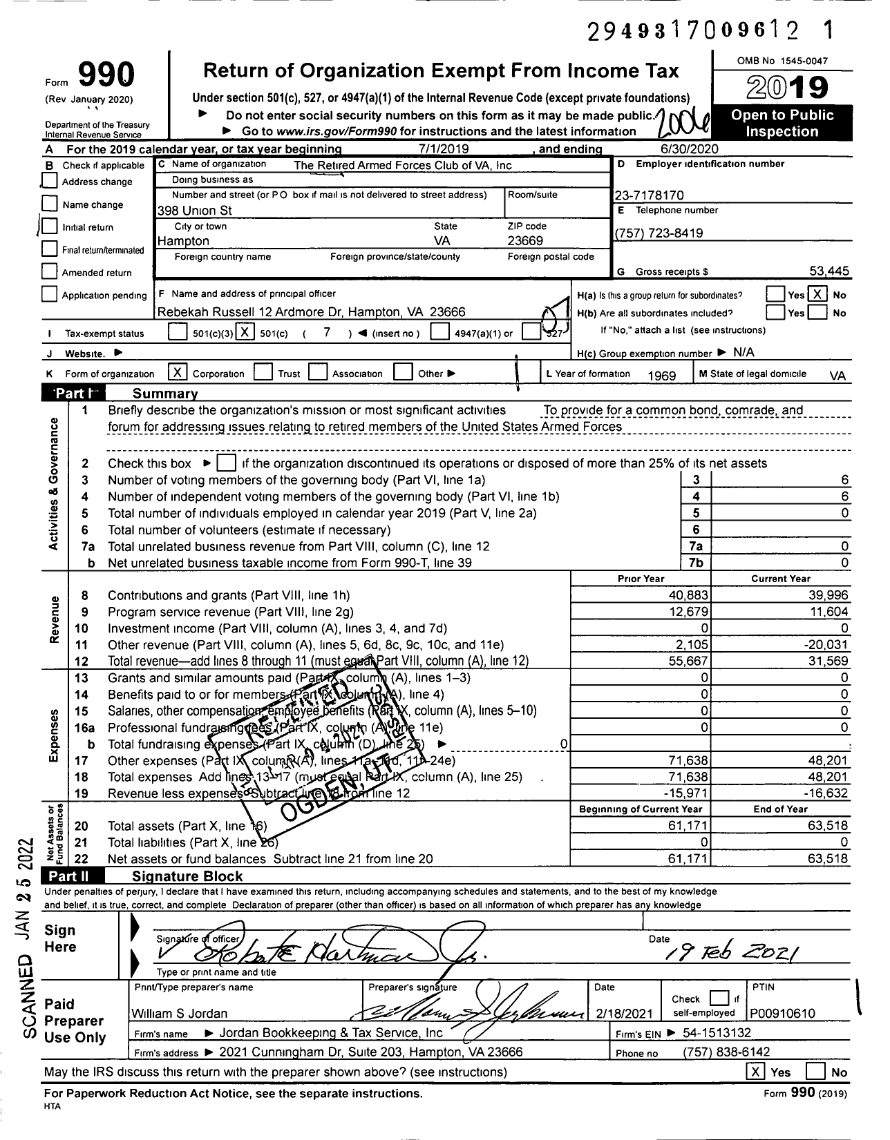 Image of first page of 2019 Form 990O for The Retired Armed Forces Club of VA