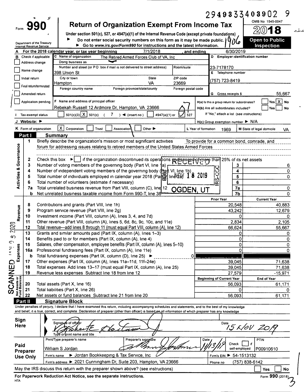 Image of first page of 2018 Form 990O for The Retired Armed Forces Club of VA