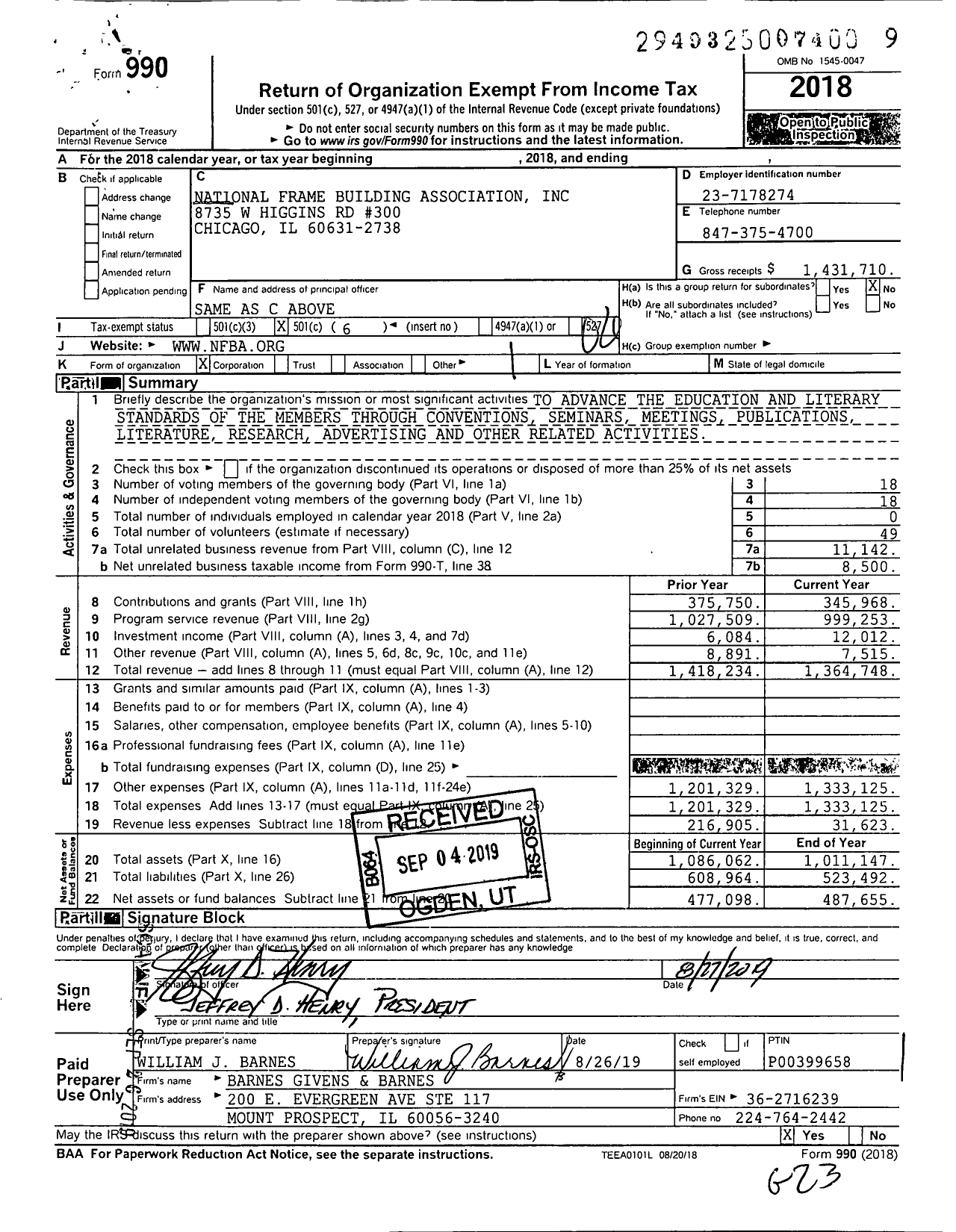 Image of first page of 2018 Form 990O for National Frame Building Association (NFBA)