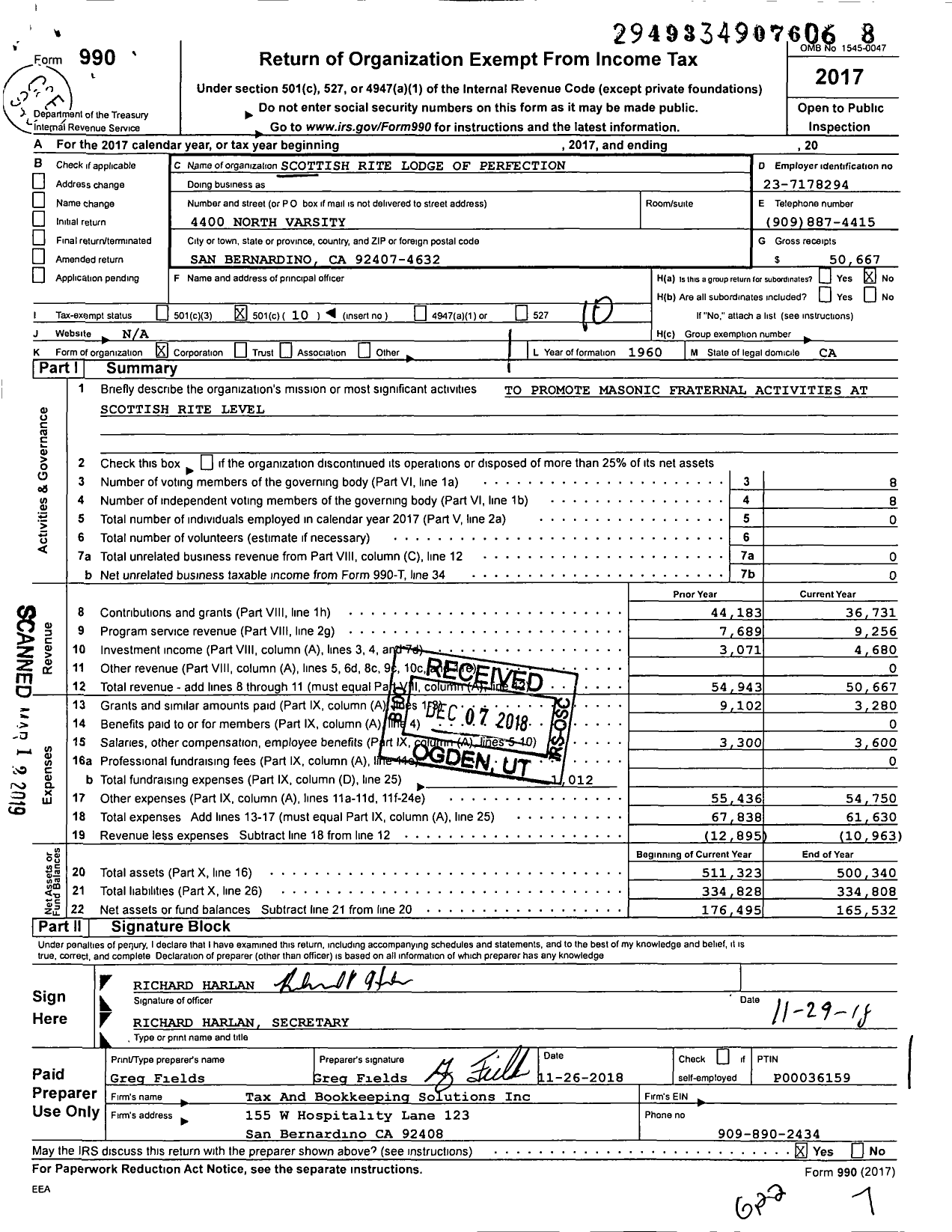 Image of first page of 2017 Form 990O for Scottish Rite of Freemasonry Southern Jurisdiction - Valley of San Bernardino & Bodies