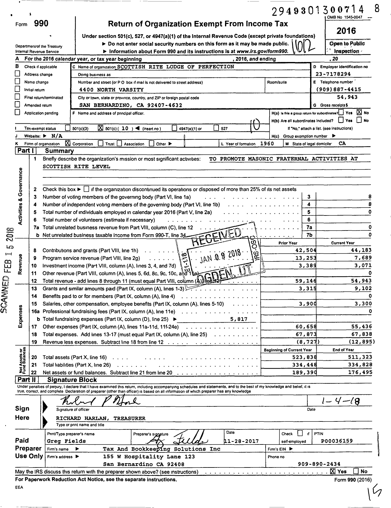 Image of first page of 2016 Form 990O for Scottish Rite of Freemasonry Southern Jurisdiction - Valley of San Bernardino & Bodies