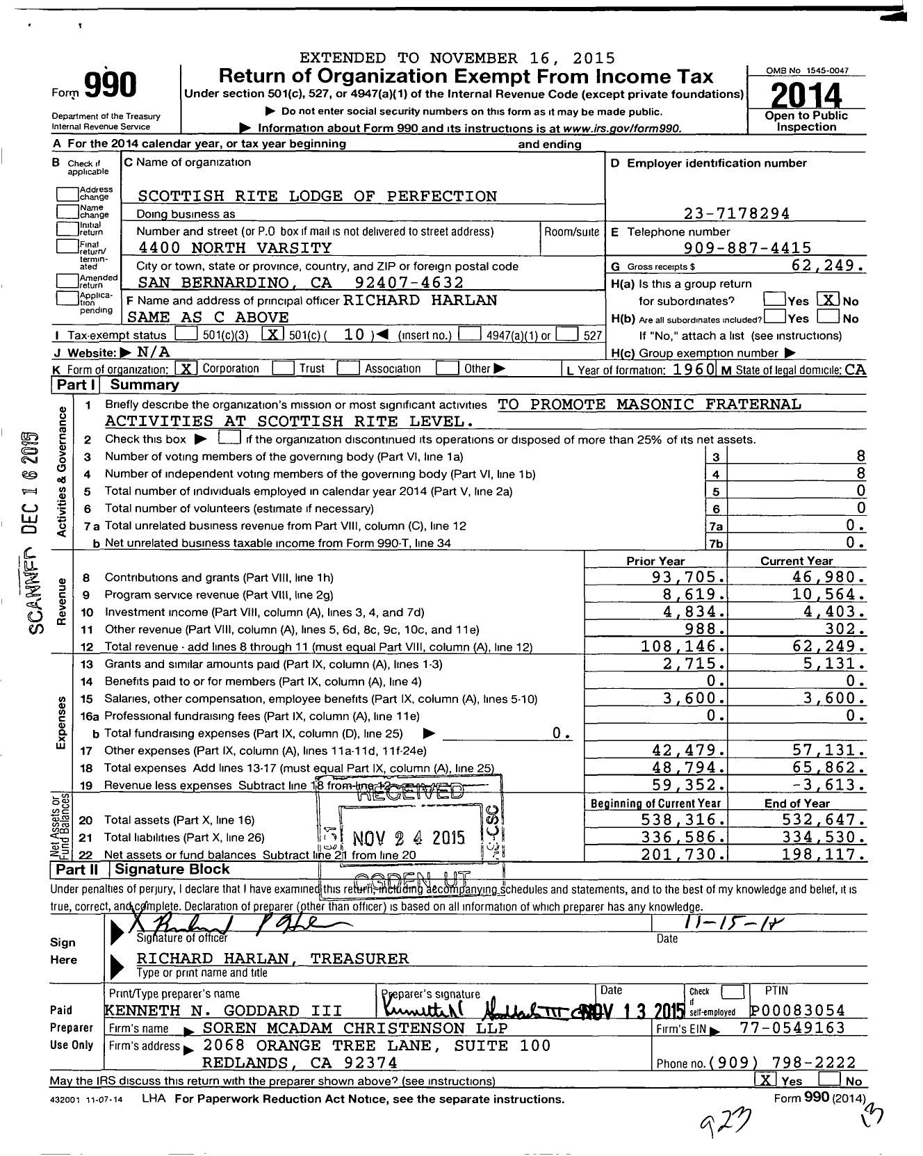 Image of first page of 2014 Form 990O for Scottish Rite of Freemasonry Southern Jurisdiction - Valley of San Bernardino & Bodies