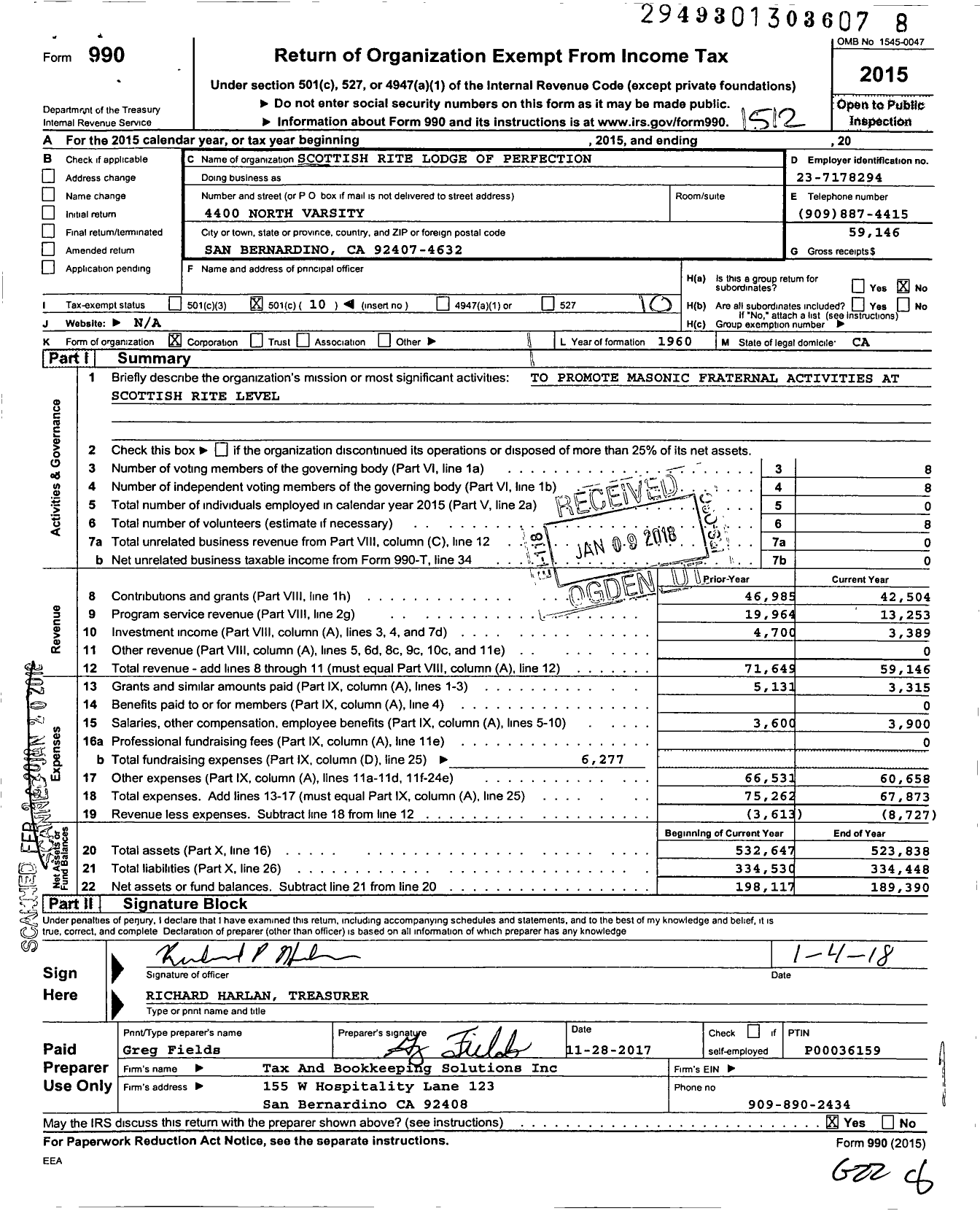 Image of first page of 2015 Form 990O for Scottish Rite of Freemasonry Southern Jurisdiction - Valley of San Bernardino & Bodies