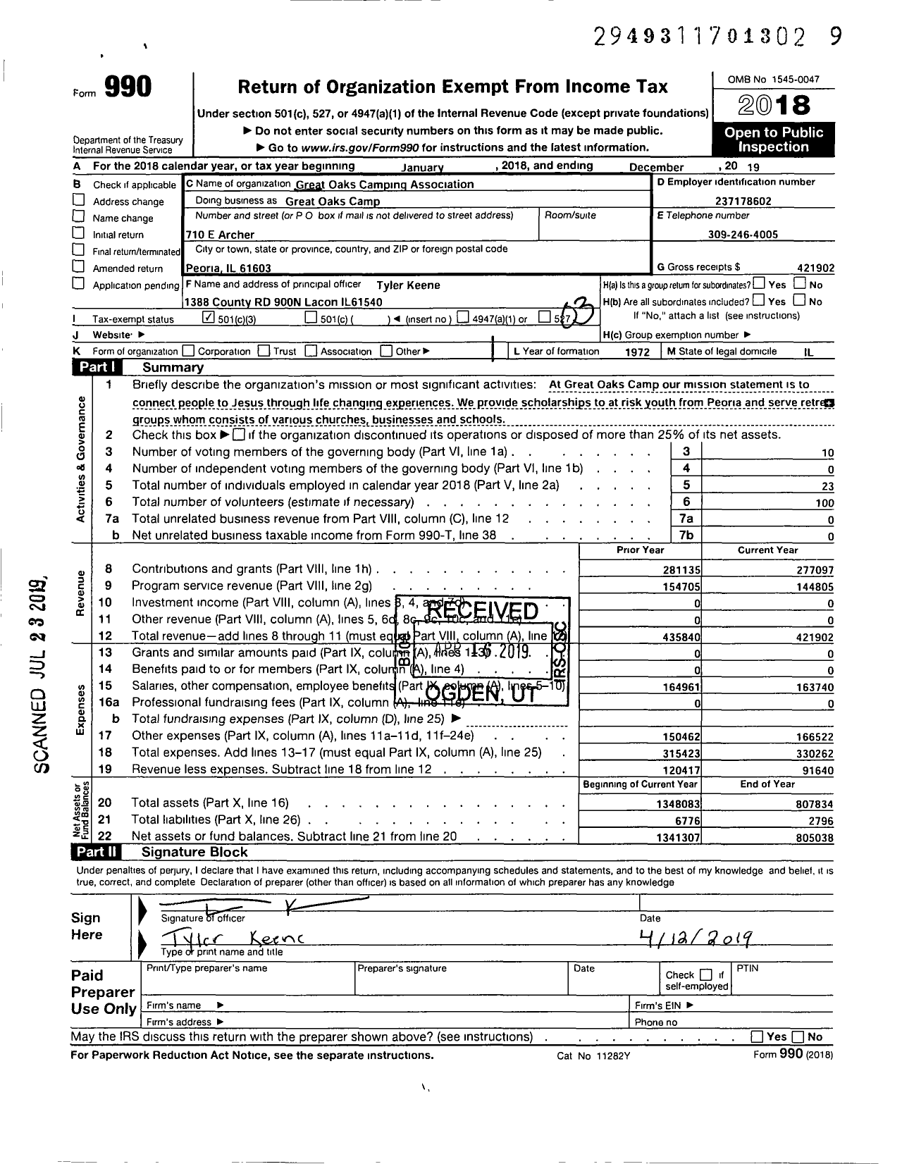 Image of first page of 2019 Form 990 for Great Oaks Camping