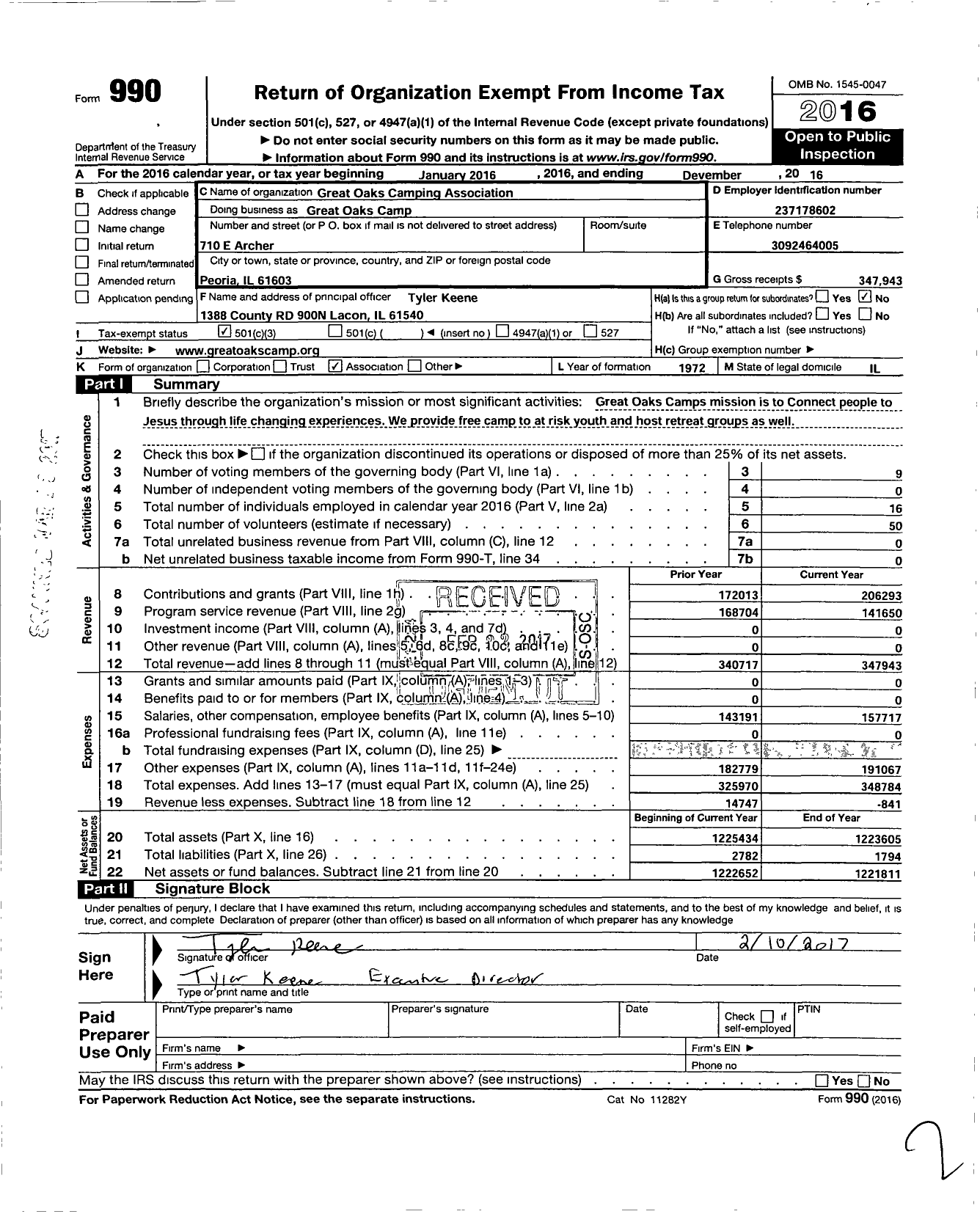 Image of first page of 2016 Form 990 for Great Oaks Camping