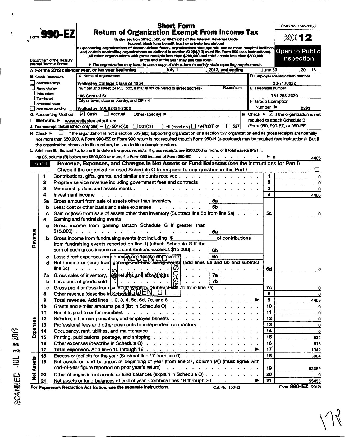 Image of first page of 2012 Form 990EZ for Wellesley College Alumnae Association - 1964 Class