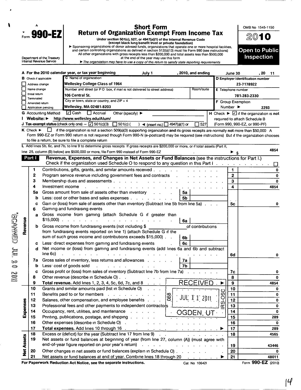 Image of first page of 2010 Form 990EZ for Wellesley College Alumnae Association - 1964 Class