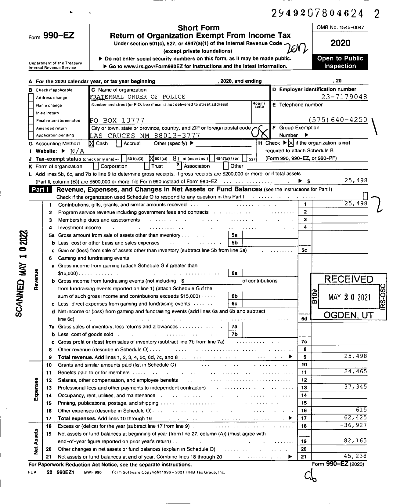 Image of first page of 2020 Form 990EO for Fraternal Order of Police Lodge 8