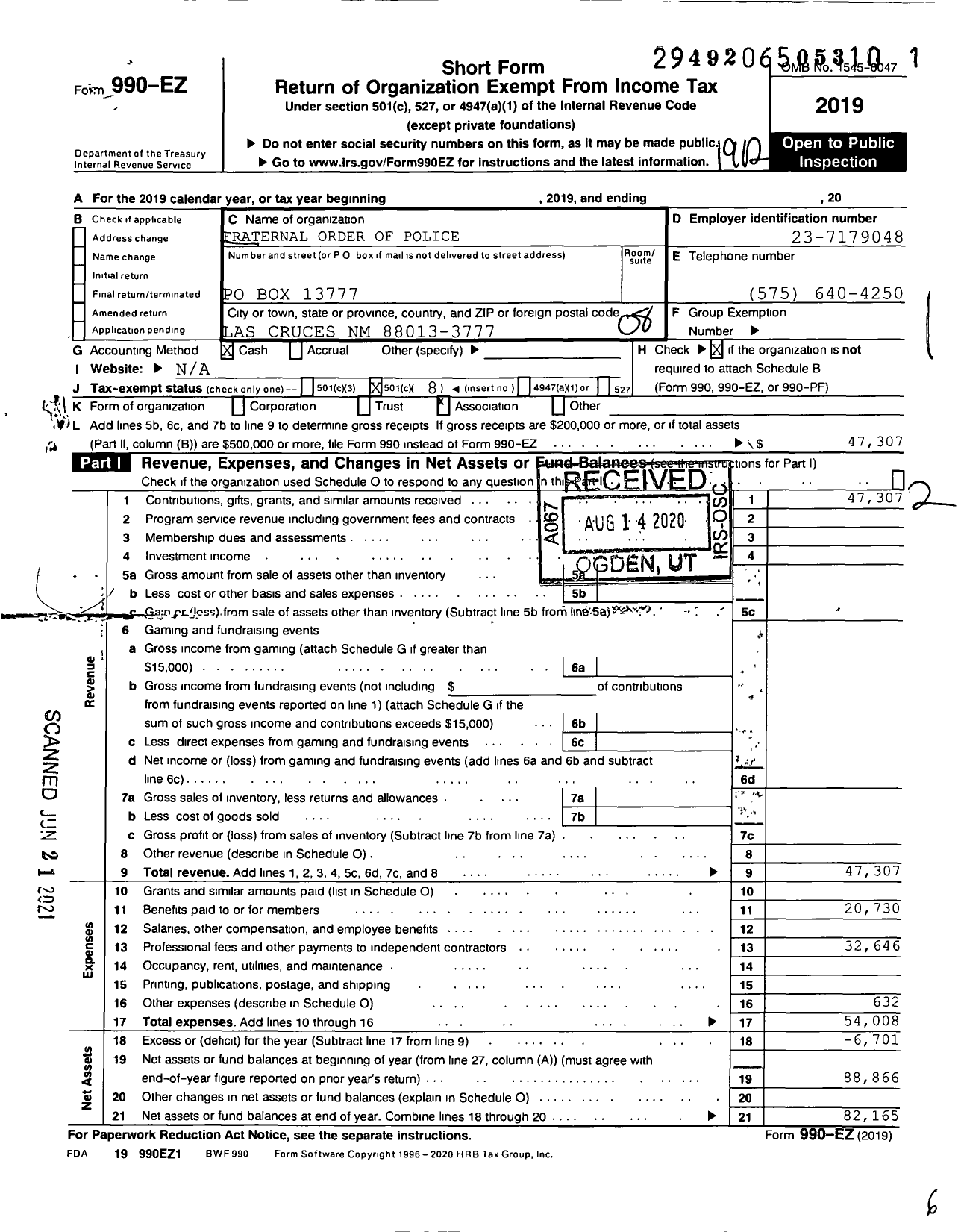 Image of first page of 2019 Form 990EO for Fraternal Order of Police Lodge 8