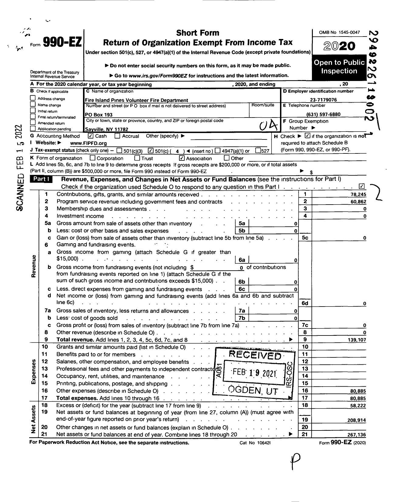 Image of first page of 2020 Form 990EO for Fire Island Pines Volunteer Fire Department