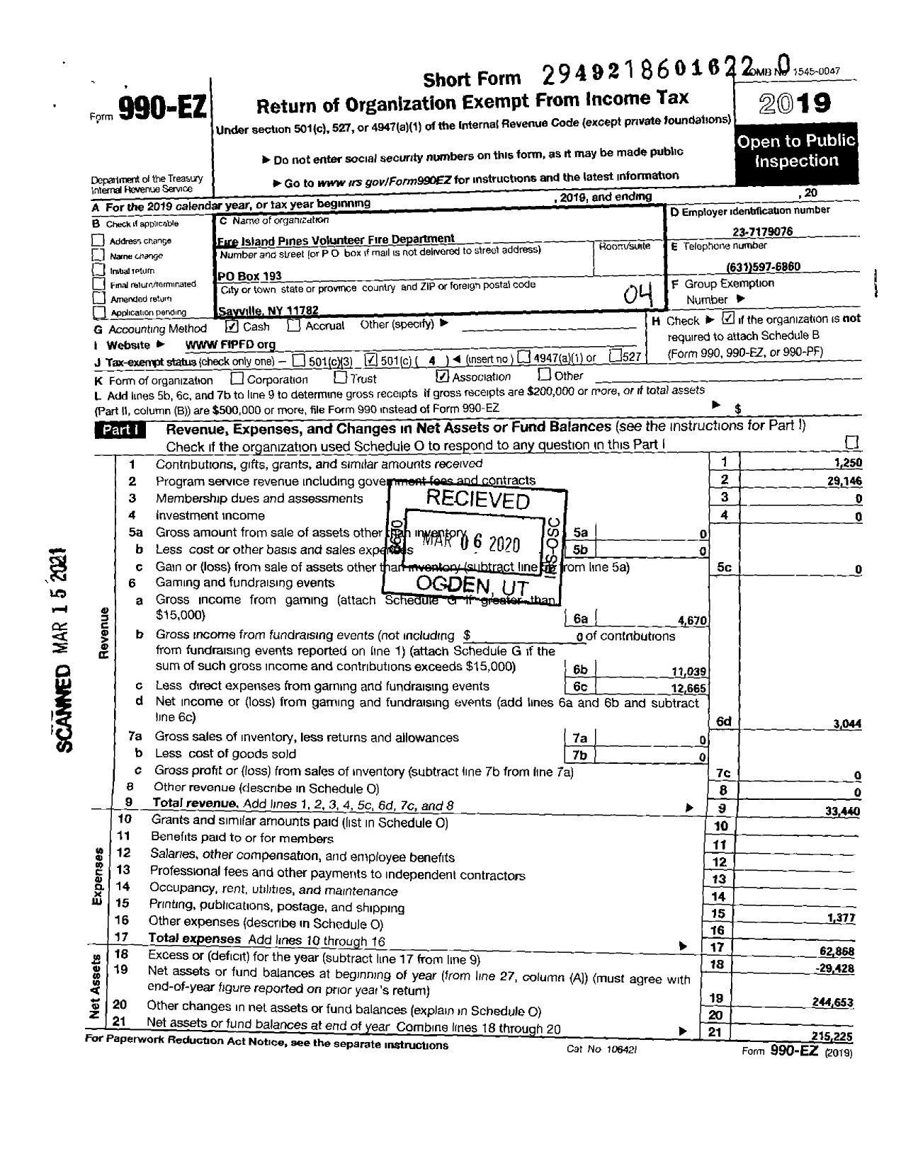 Image of first page of 2019 Form 990EO for Fire Island Pines Volunteer Fire Department