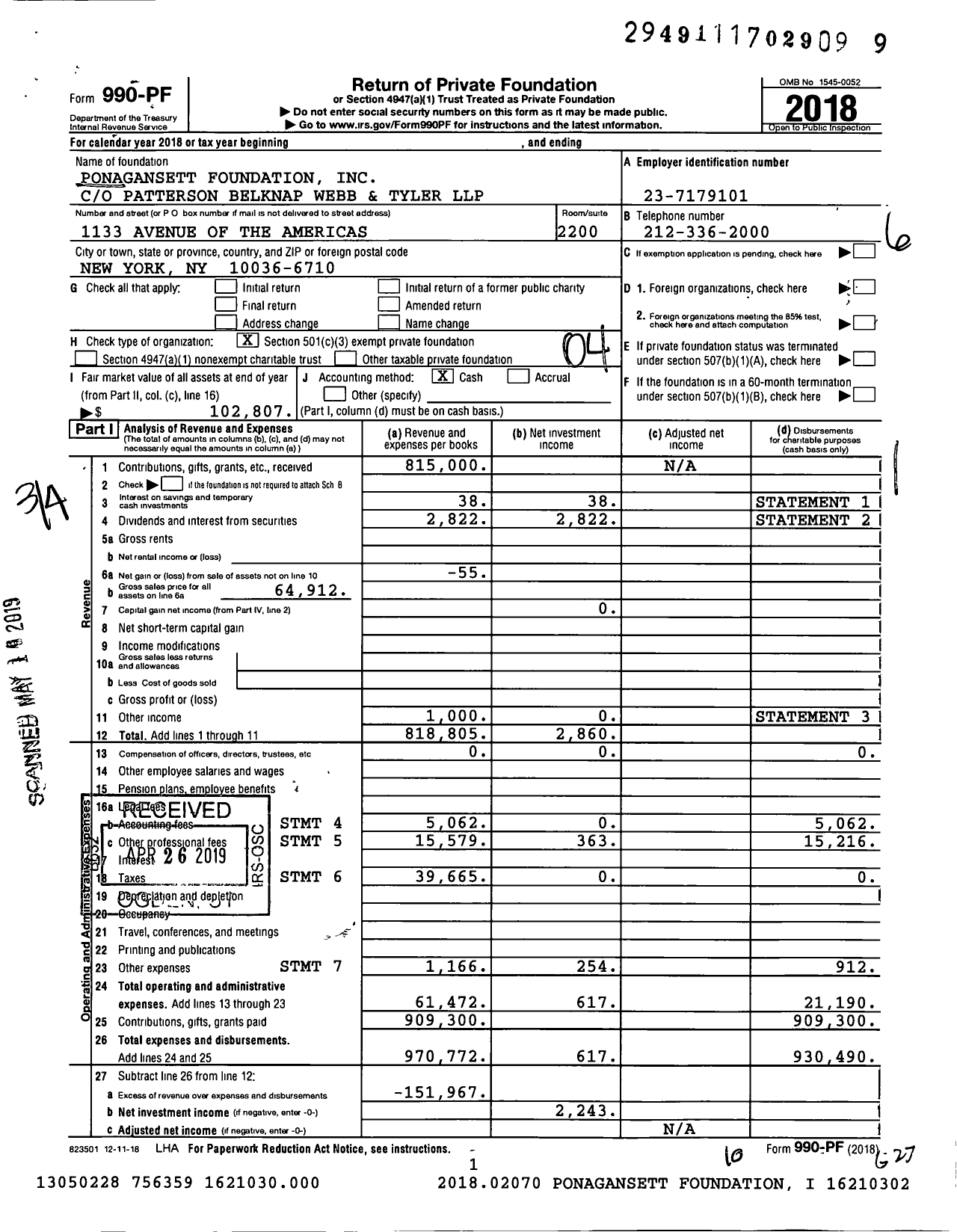 Image of first page of 2018 Form 990PF for Ponagansett Foundation