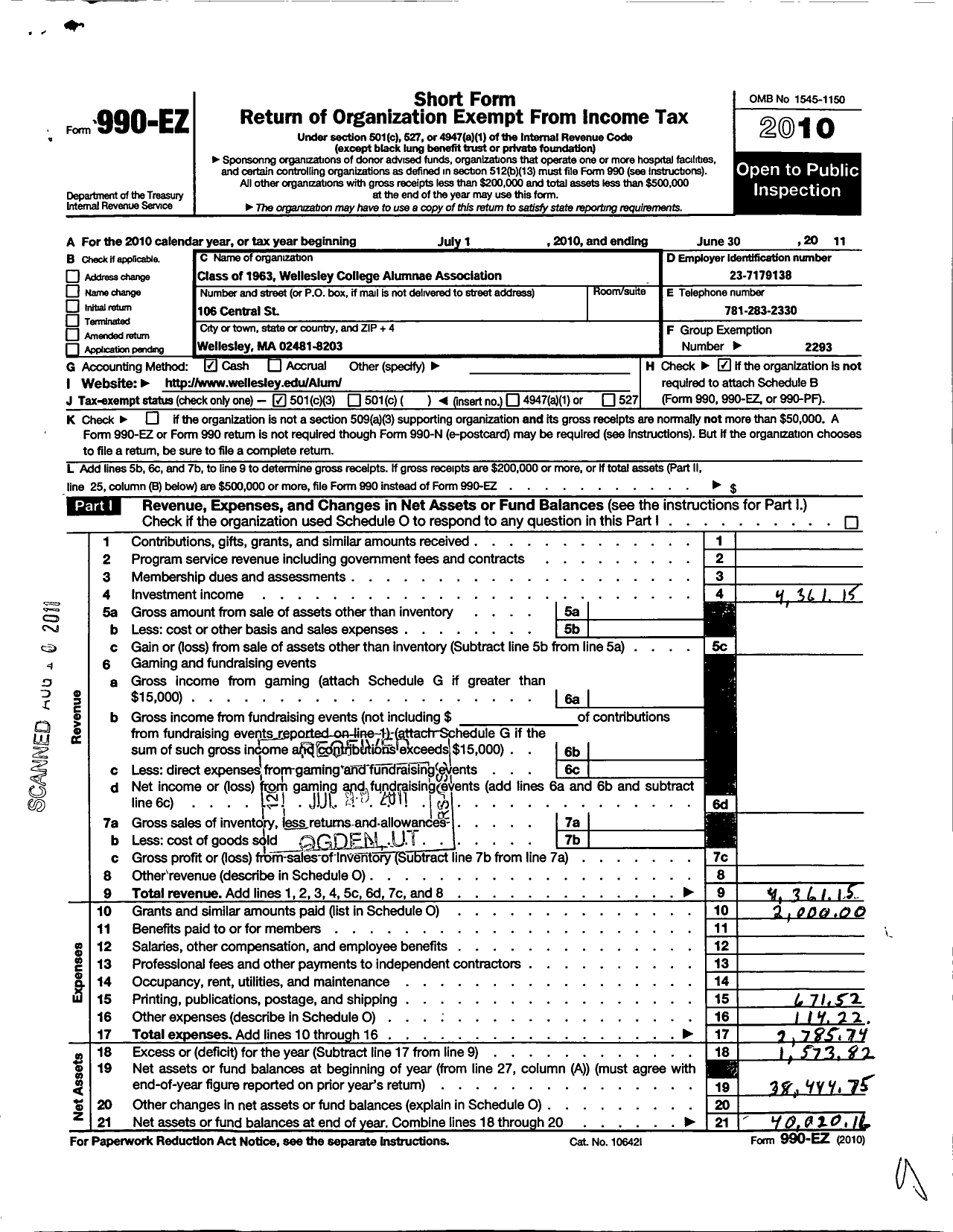 Image of first page of 2010 Form 990EZ for Wellesley College Alumnae Association - 1963 Class