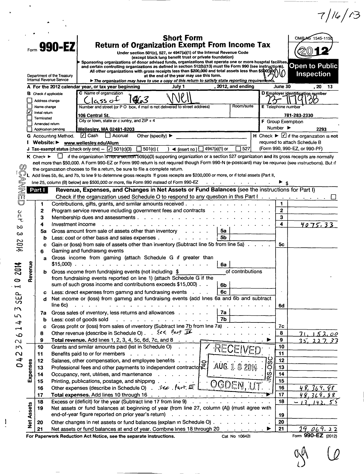 Image of first page of 2012 Form 990EZ for Wellesley College Alumnae Association - 1963 Class