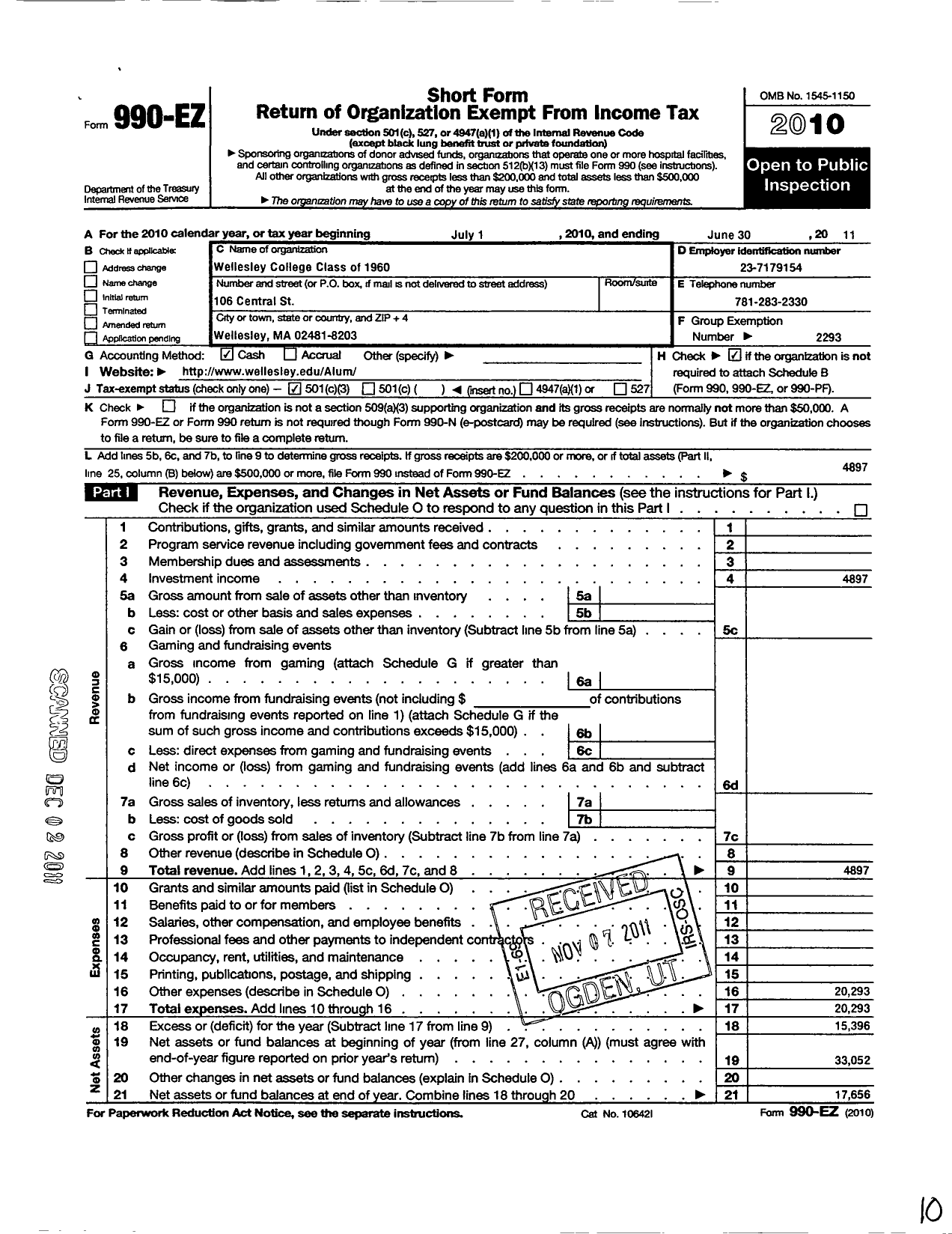 Image of first page of 2010 Form 990EZ for Wellesley College Alumnae Association - 1960 Class