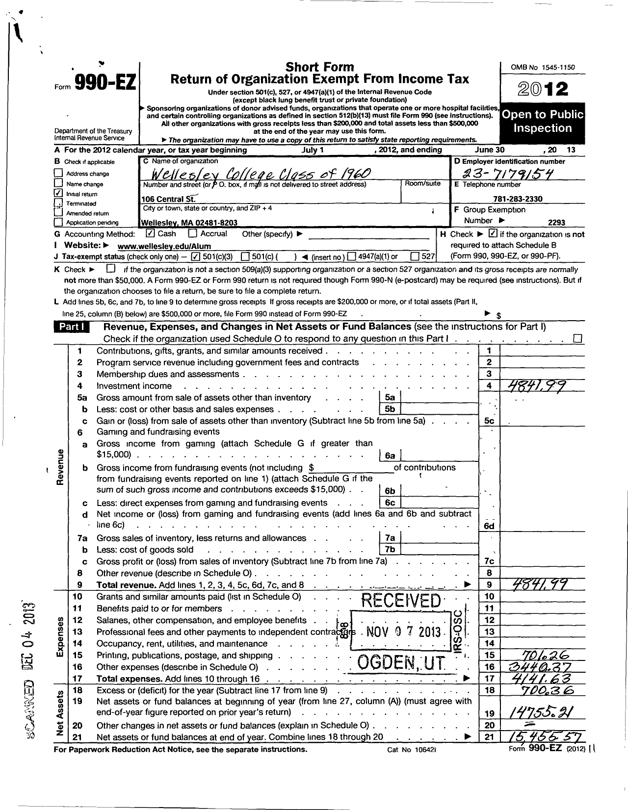 Image of first page of 2012 Form 990EZ for Wellesley College Alumnae Association - 1960 Class