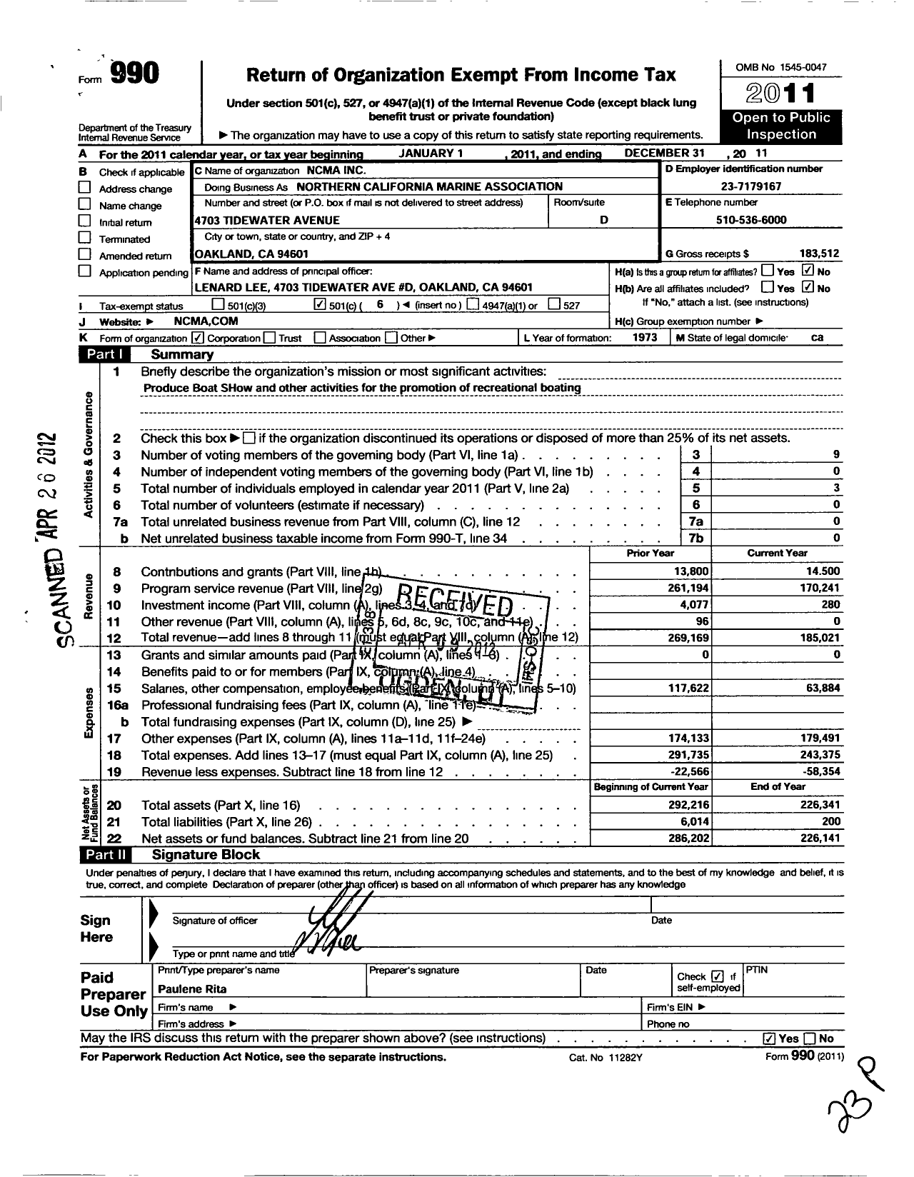 Image of first page of 2011 Form 990O for Northern California Marine Association (NCMA)