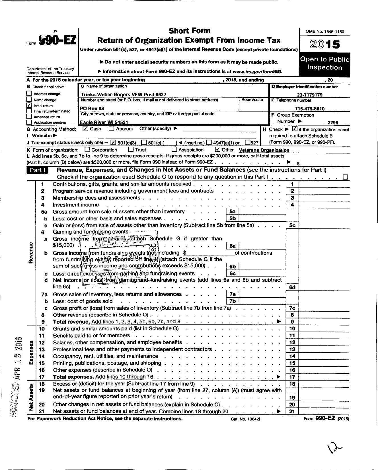 Image of first page of 2015 Form 990EZ for VFW Wi - 8637 Trinka-Weber-Rogers