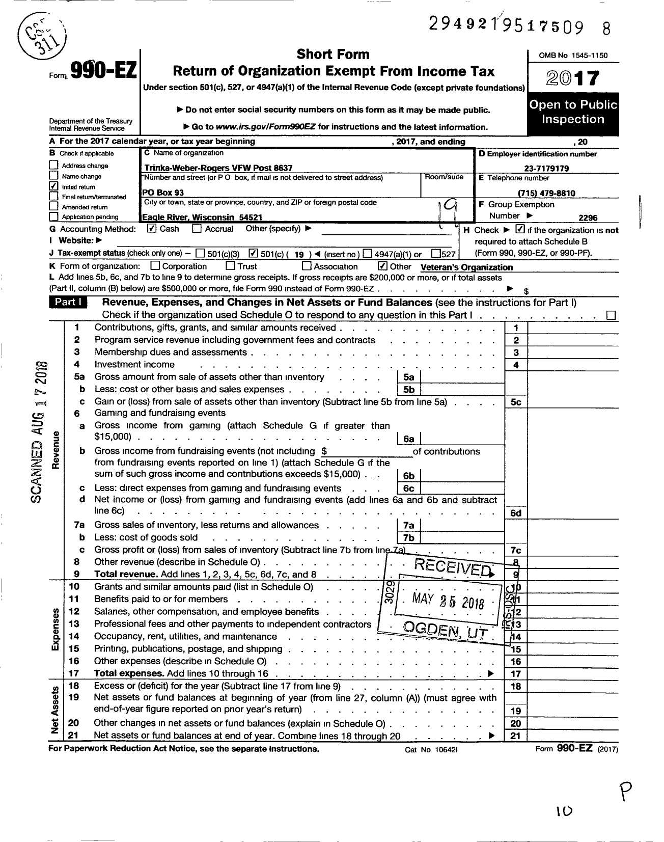 Image of first page of 2017 Form 990EO for VFW Wi - 8637 Trinka-Weber-Rogers