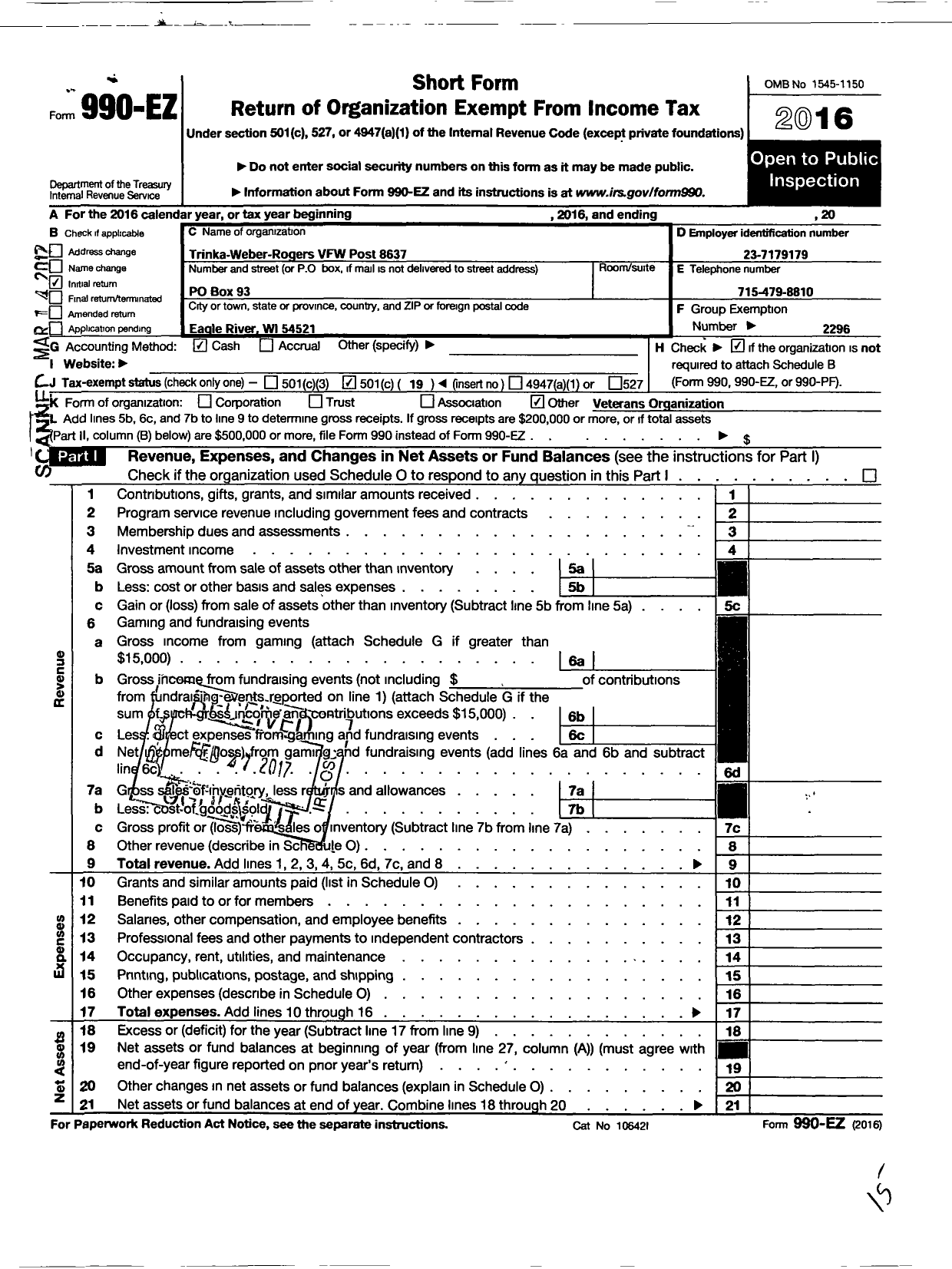 Image of first page of 2016 Form 990EO for VFW Wi - 8637 Trinka-Weber-Rogers