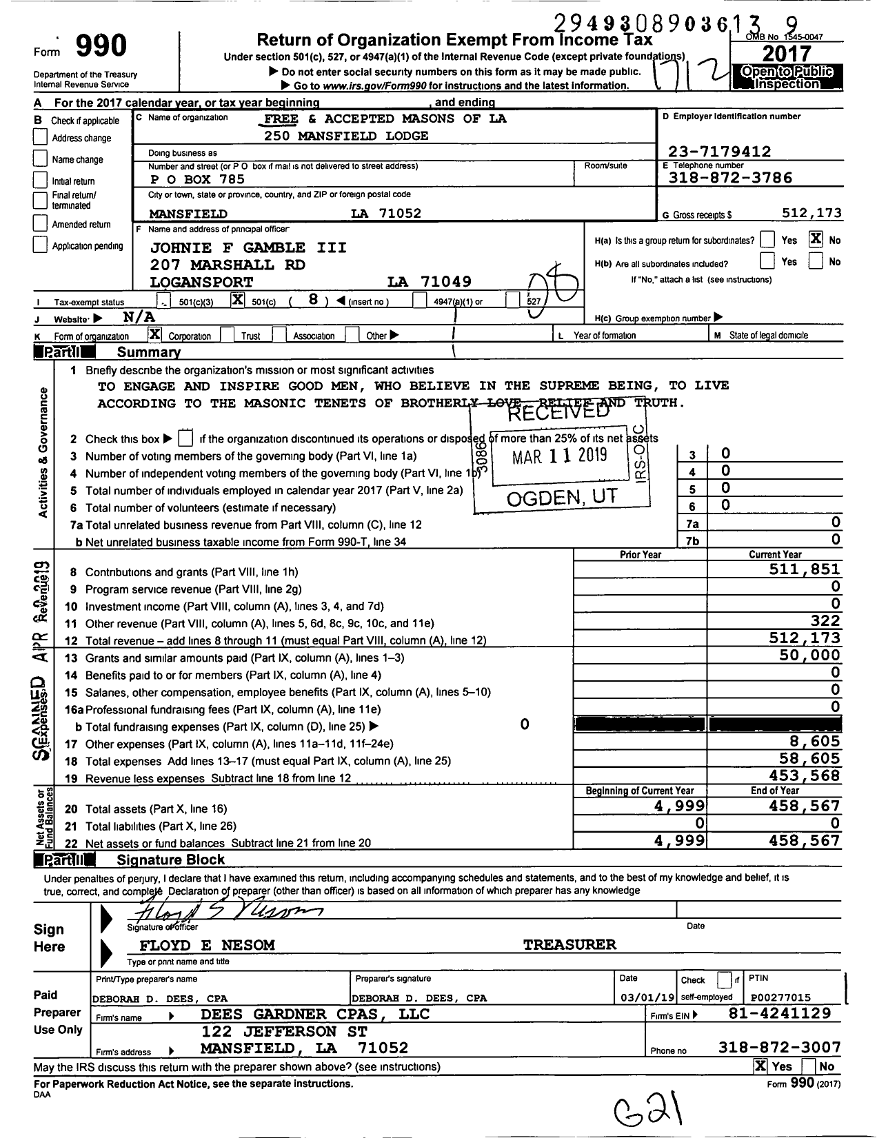 Image of first page of 2017 Form 990O for Free and Accepted Masons of Louisiana Grand Lodge - 250 Mansfield Lodge