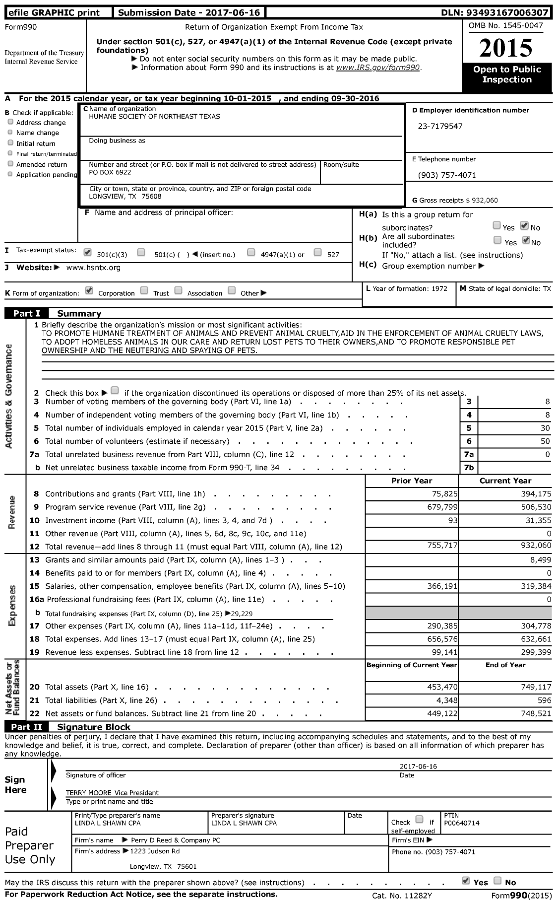 Image of first page of 2015 Form 990 for Humane Society of Northeast Texas (HSNTX)