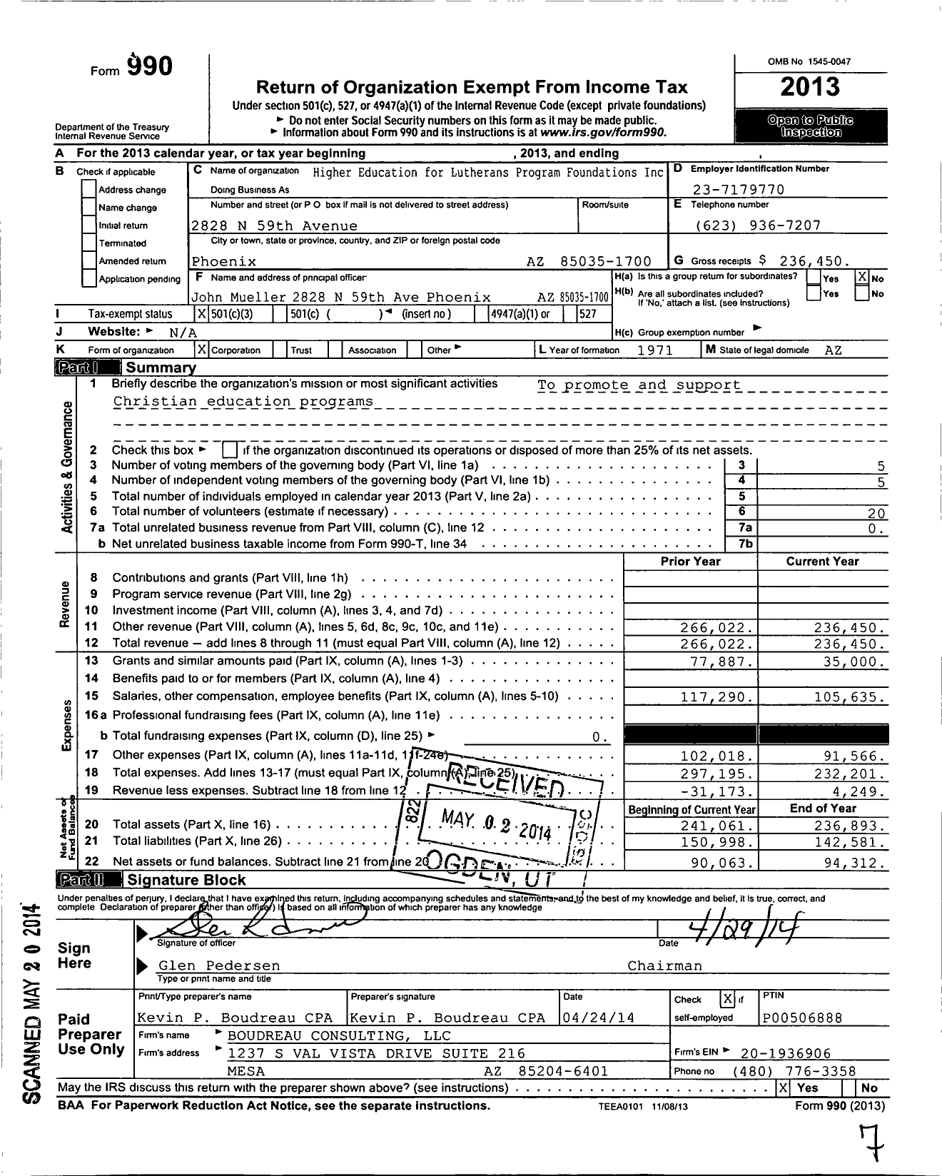 Image of first page of 2013 Form 990 for Higher Education for Lutherans Program Foundations